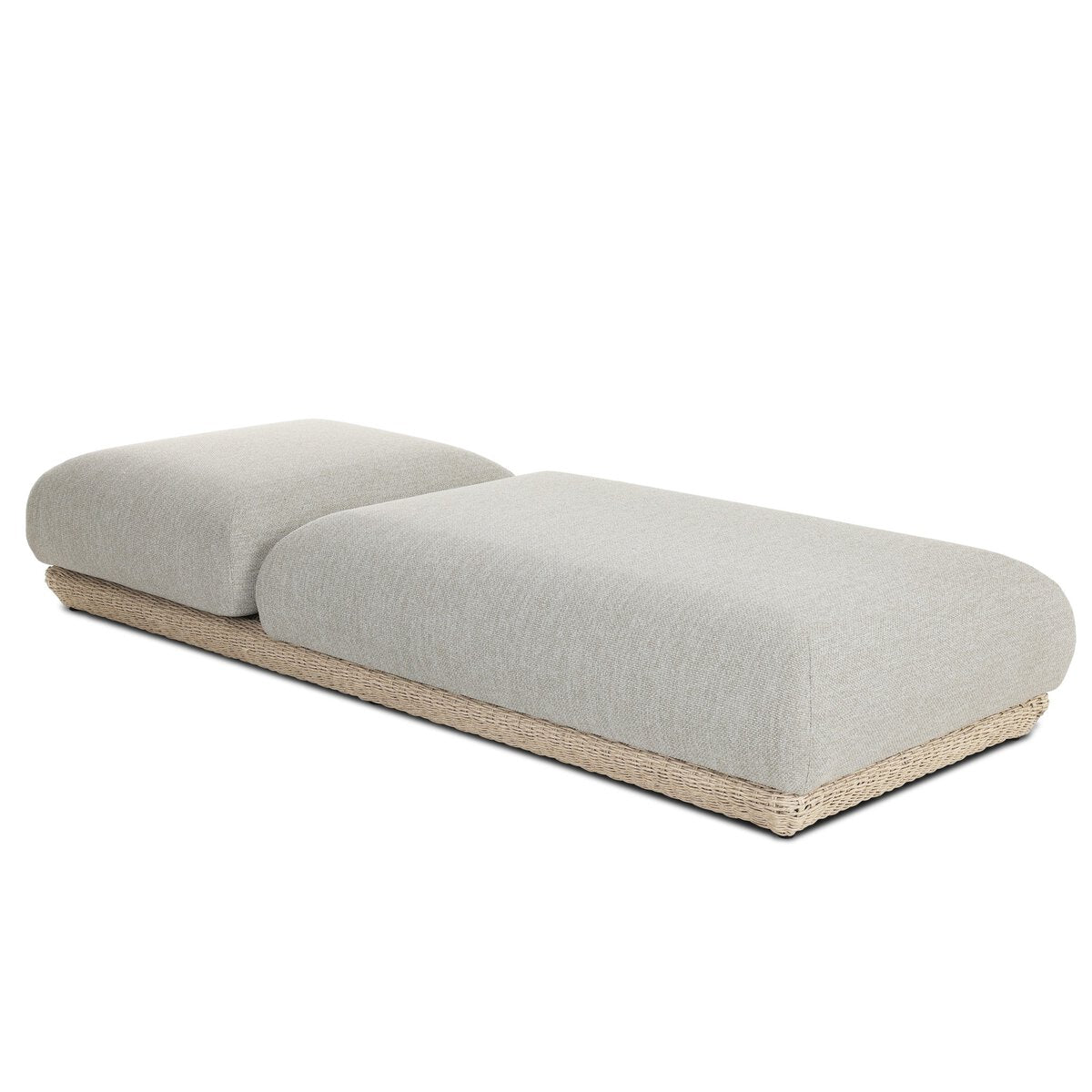 Four Hands Evander Outdoor Chaise in Ramiro Ecru with woven plinth base, close-up detail, view 1