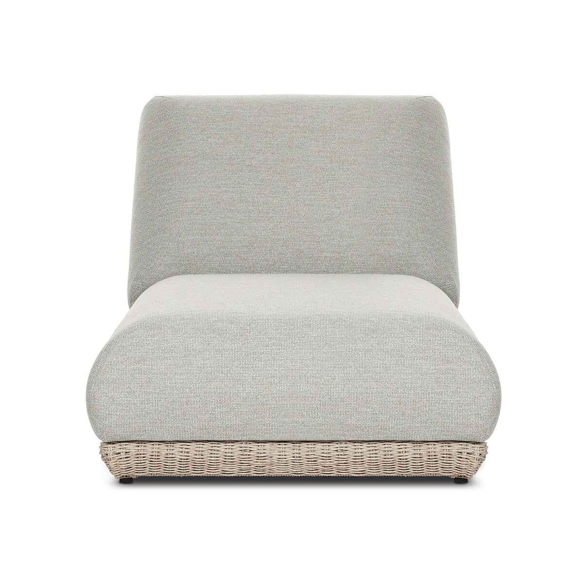 Four Hands Evander Outdoor Chaise in Ramiro Ecru with woven plinth base, front view