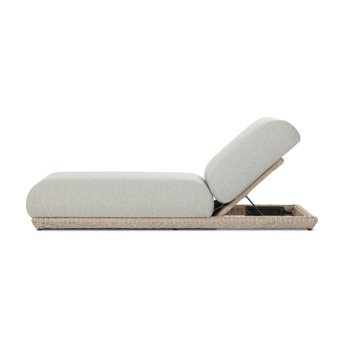 Four Hands Evander Outdoor Chaise in Ramiro Ecru with woven plinth base, side profile view
