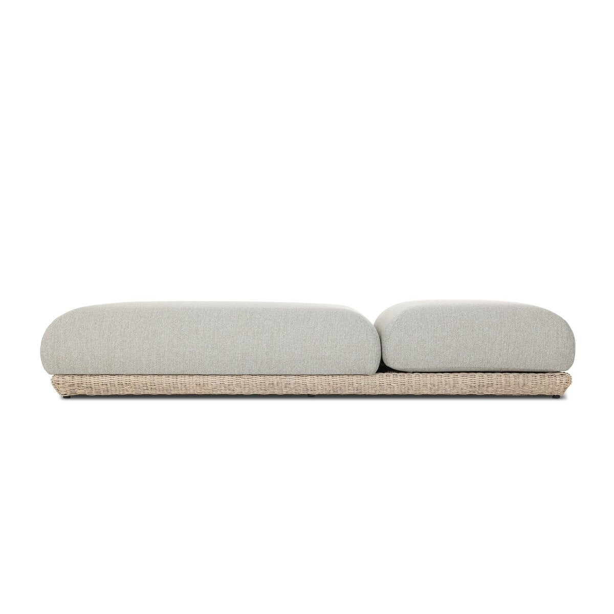 Four Hands Evander Outdoor Chaise in Ramiro Ecru with woven plinth base, side profile alternate view