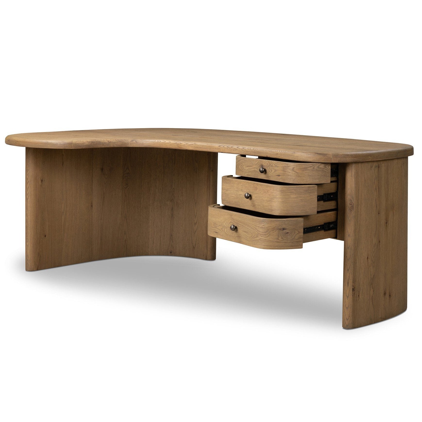 Four Hands Roan Aged Smoked Oak Desk shown with doors open