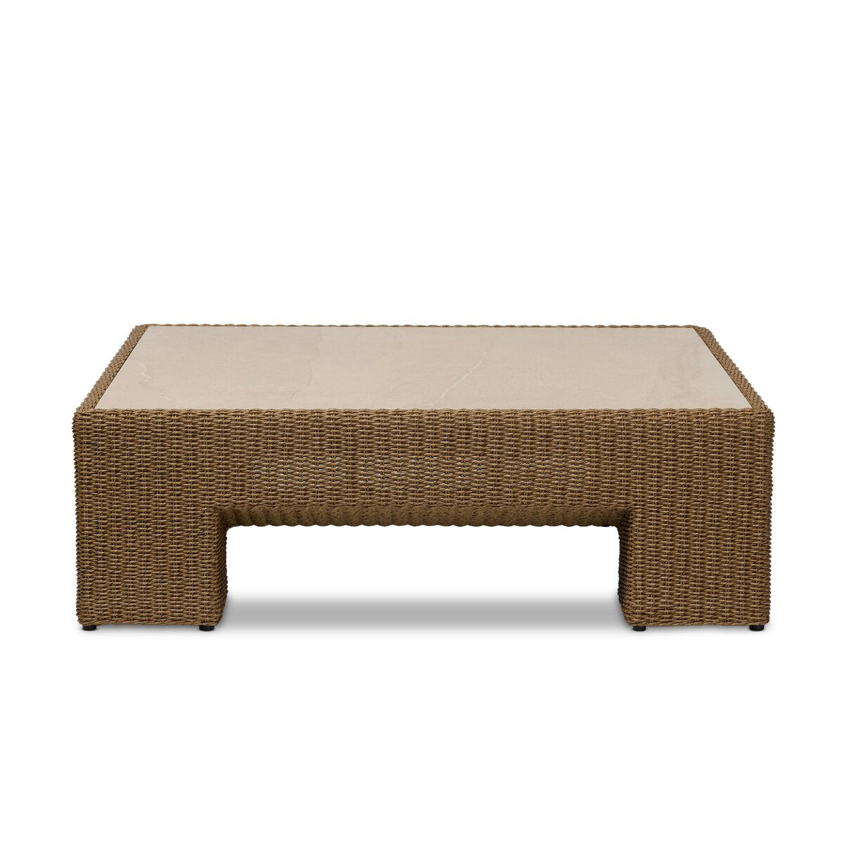 Four Hands Maris Outdoor Coffee Table in faux dark hyacinth with sintered stone top, front view