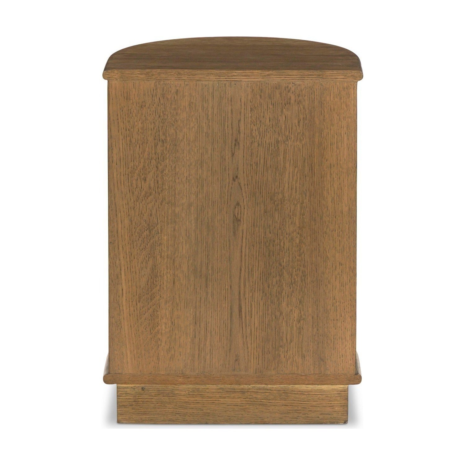 Four Hands Zoe Warm Natural Oak Nightstand Set of 2, Art Deco demilune on pedestal, back view showing flat back