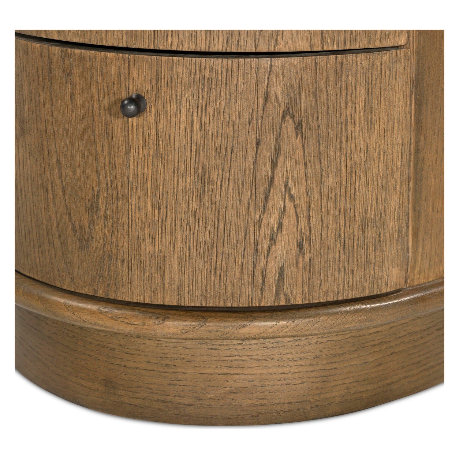 Four Hands Zoe Warm Natural Oak Nightstand Set of 2, Art Deco demilune on pedestal, close-up detail of bullnose trim