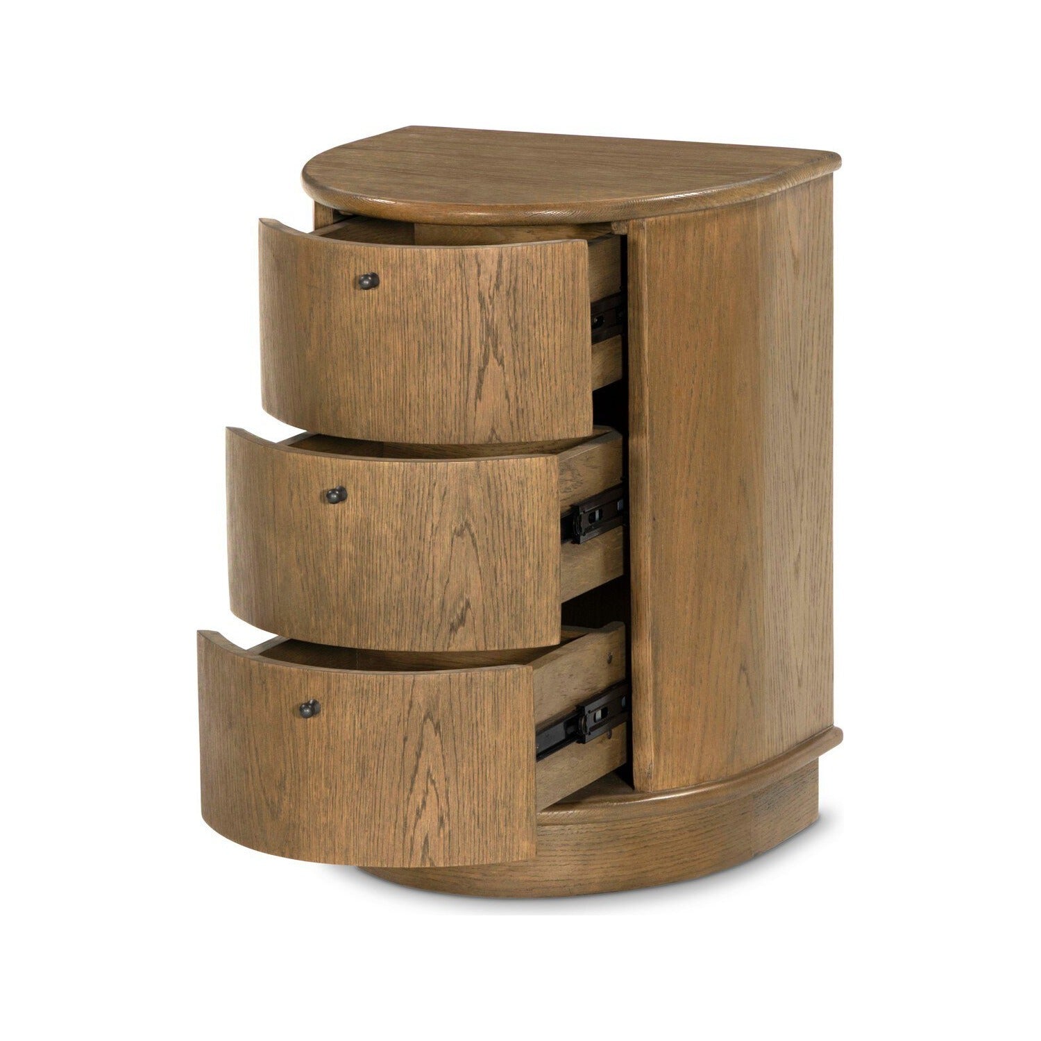 Four Hands Zoe Warm Natural Oak Nightstand Set of 2, Art Deco demilune on pedestal, drawer open view