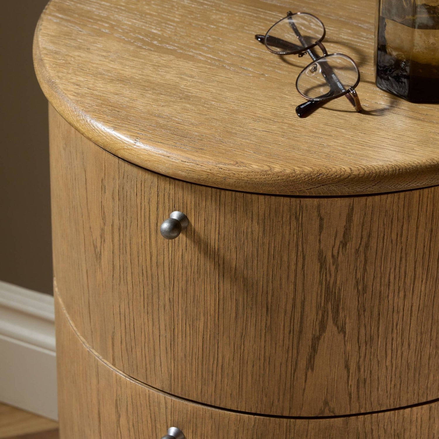 Four Hands Zoe Warm Natural Oak Nightstand Set of 2, Art Deco demilune on pedestal, alternate styled view