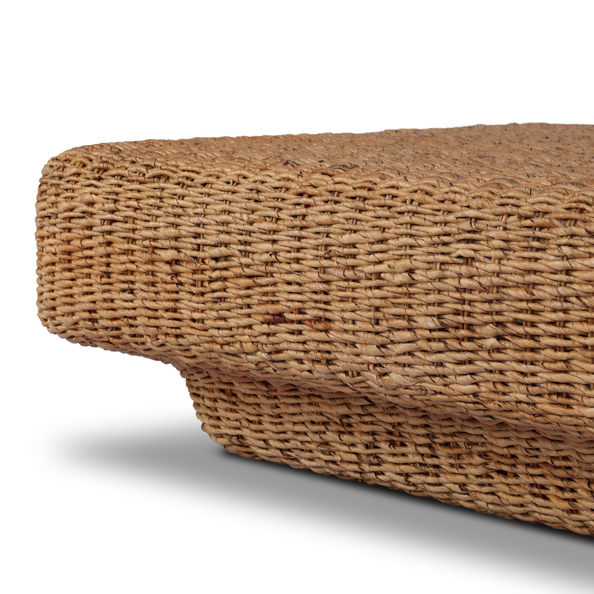 Four Hands Keira Coffee Table in bleached banana leaf, fully woven round 48in, close-up detail of weave, view 2