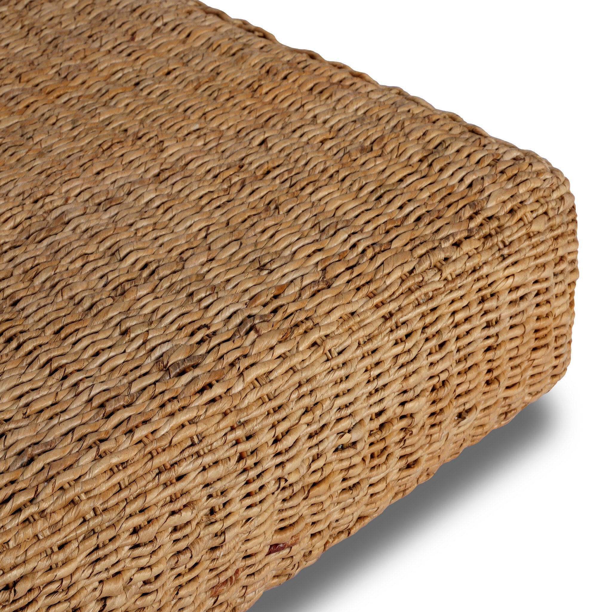 Four Hands Keira Coffee Table in bleached banana leaf, fully woven round 48in, close-up detail of weave, view 4