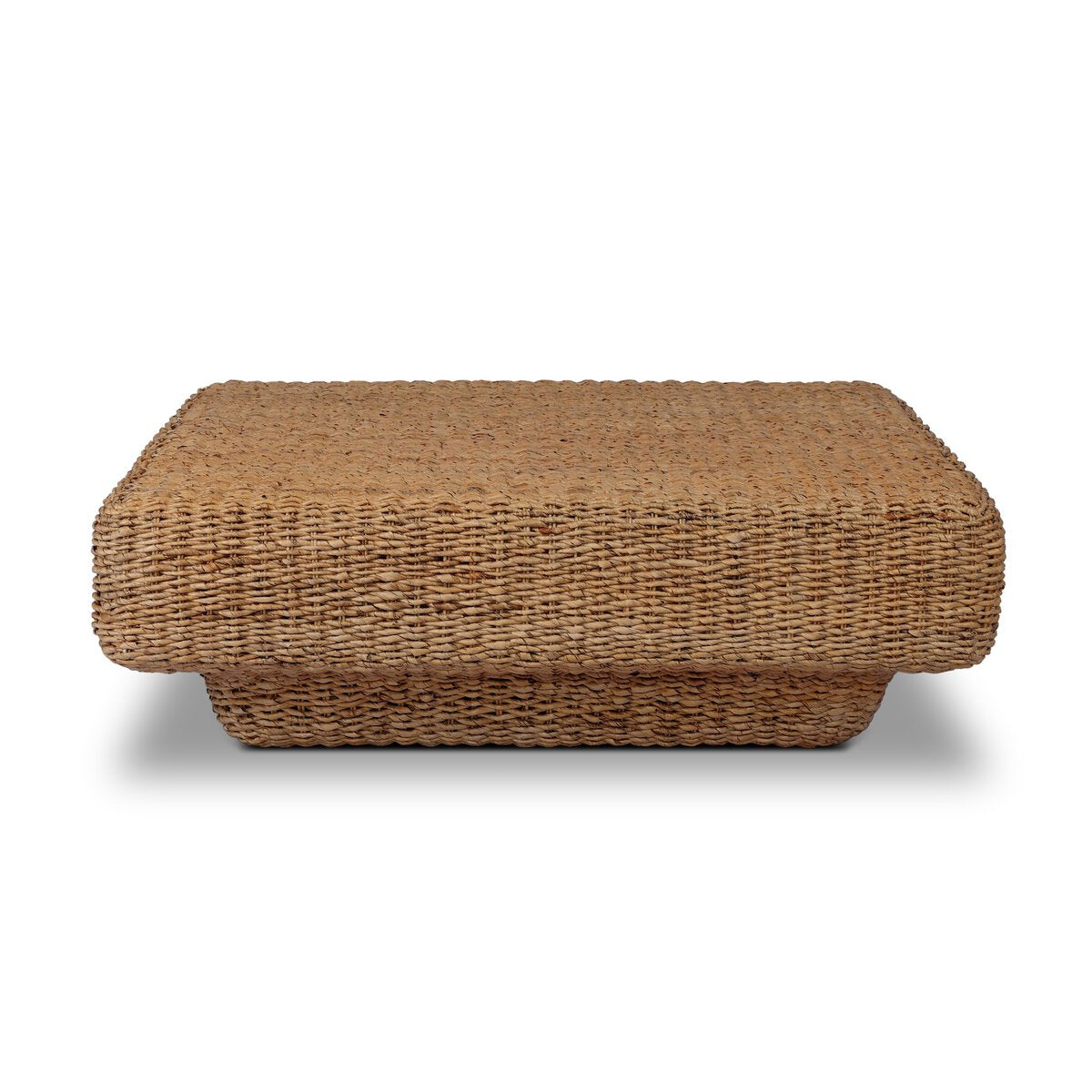 Four Hands Keira Coffee Table in bleached banana leaf, fully woven round 48in, front view