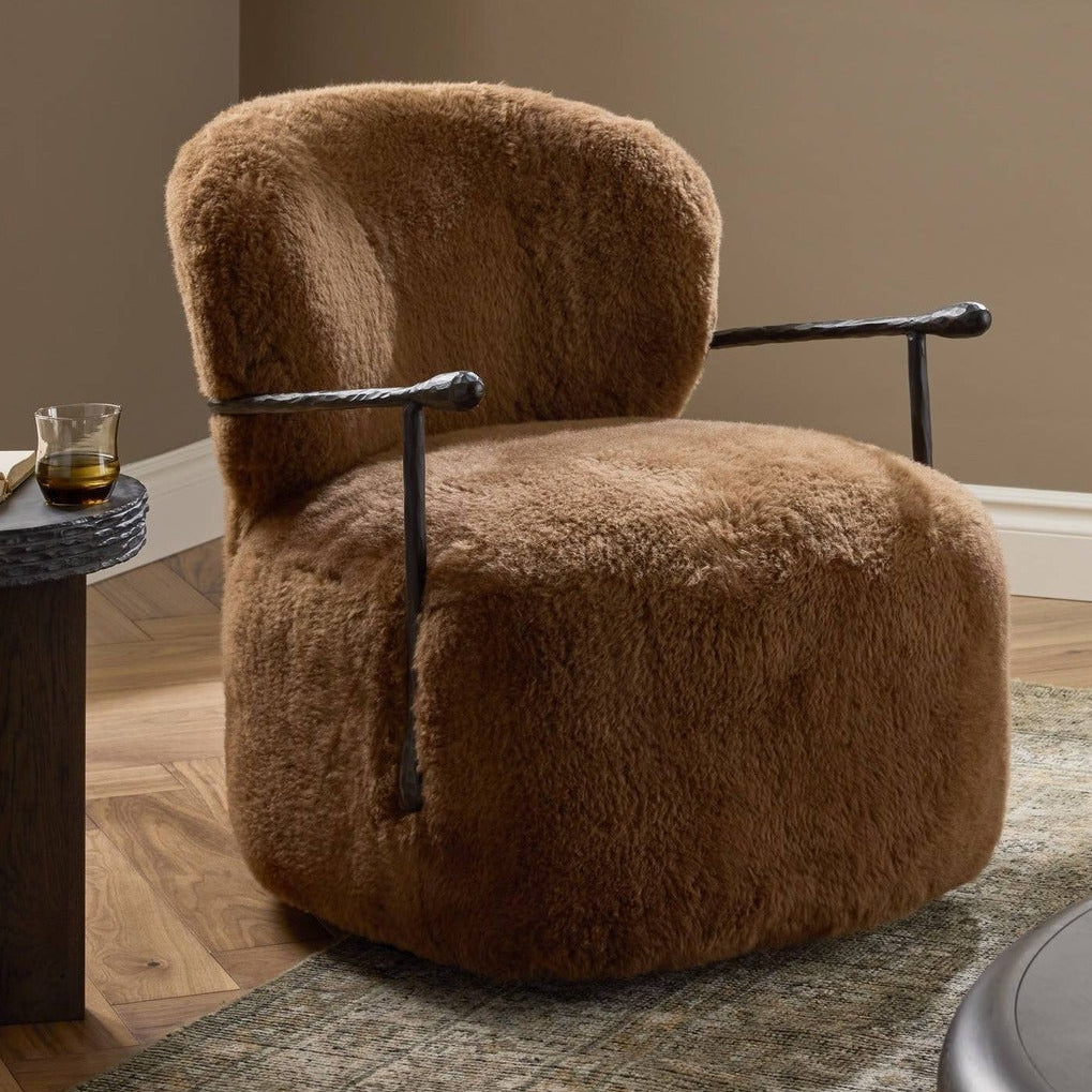Four Hands Plath Ochre Shearling Swivel Chair