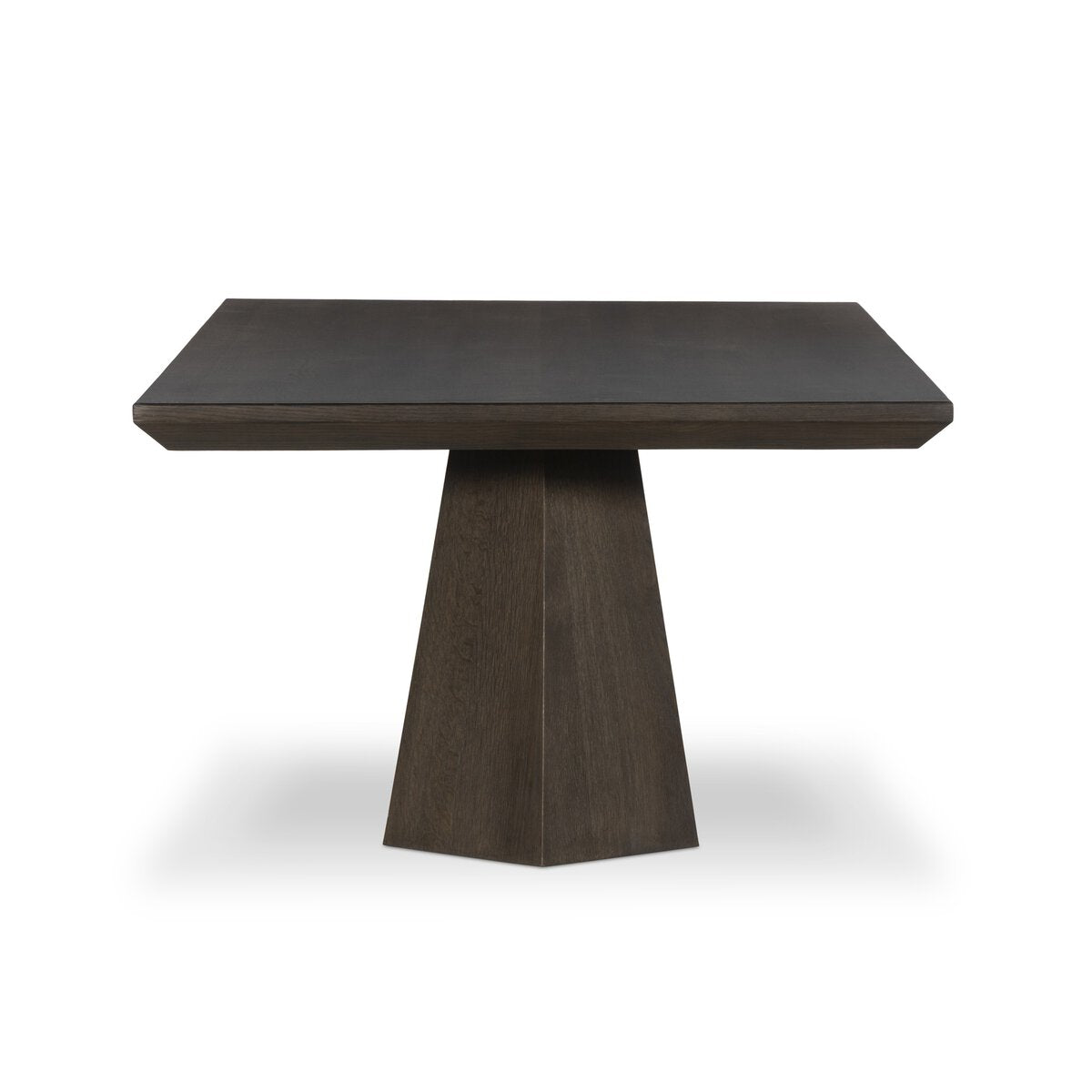 Four Hands Azien Dining Table in espresso oak with sculptural angular base, side profile view
