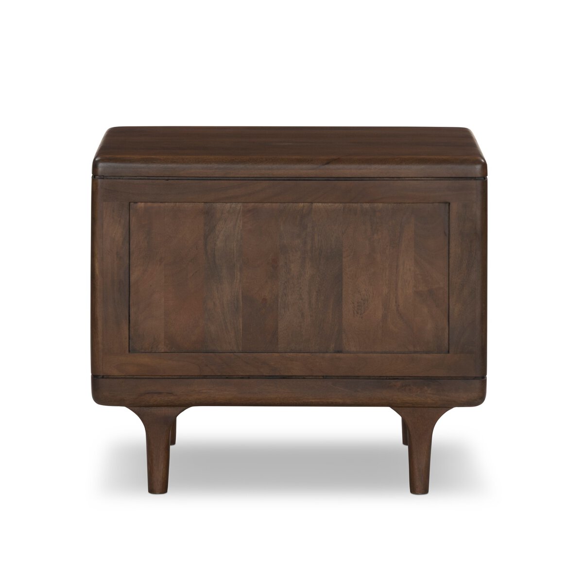 Four Hands Eldrin Nightstand in warm brown mango with antique brass hardware, back view