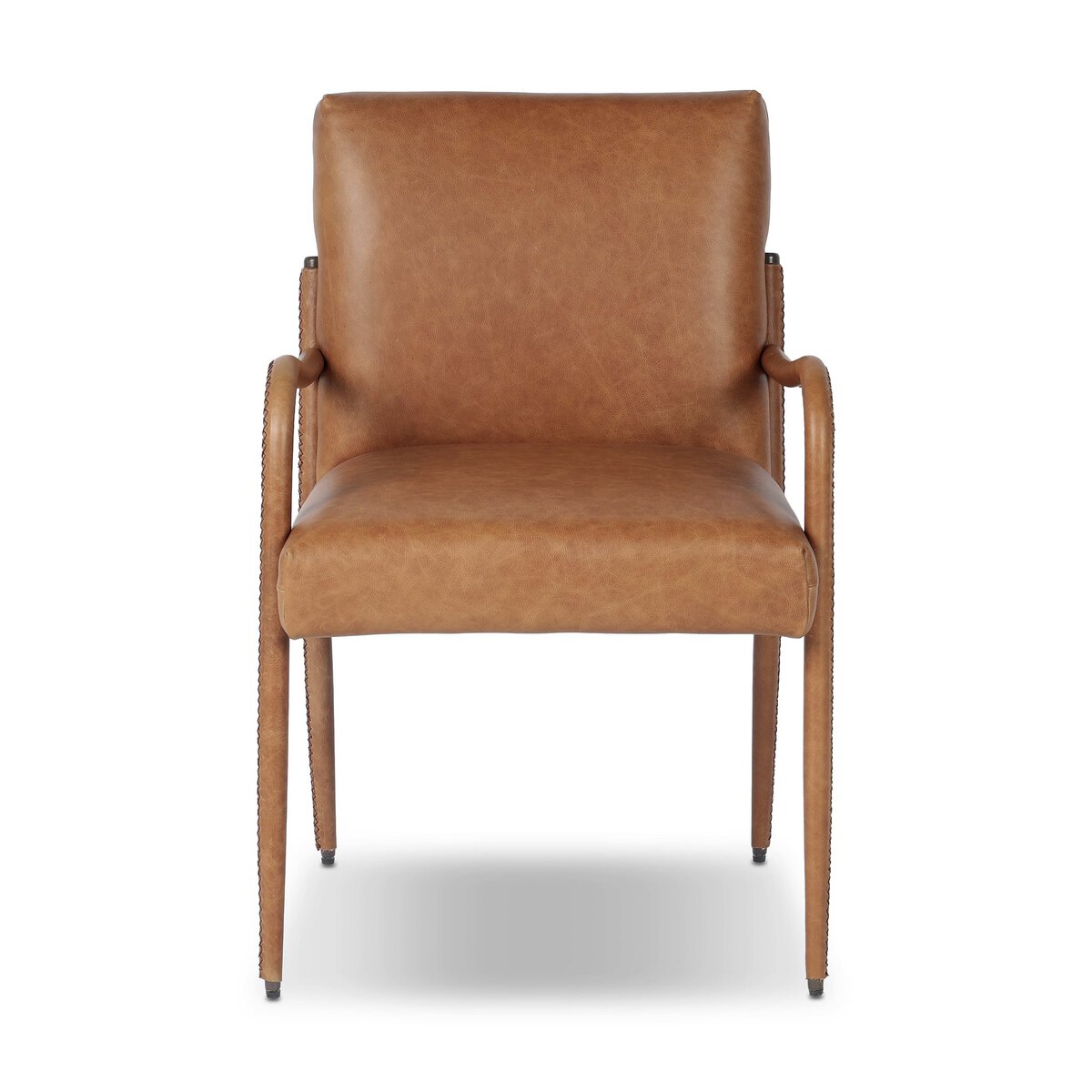 Four Hands Quill Dining Armchair in Chaps Saddle leather with leather-wrapped iron legs, front view