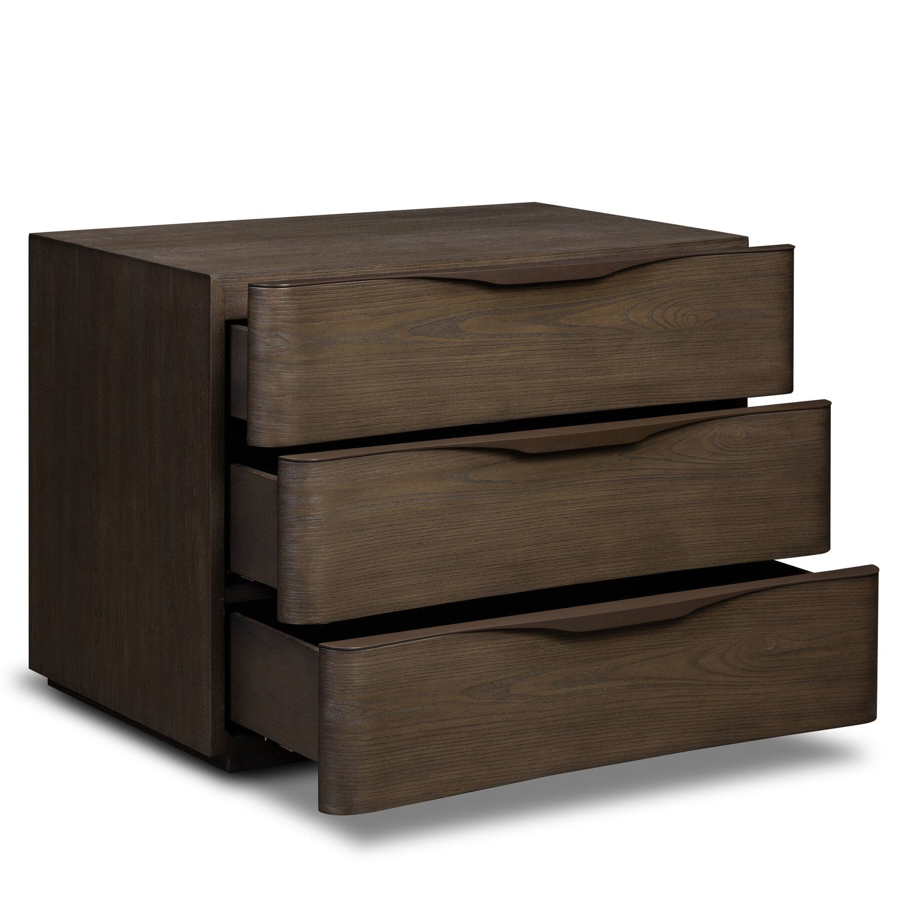 Four Hands Amiro Tumble Brown Ash Nightstand shown with doors open