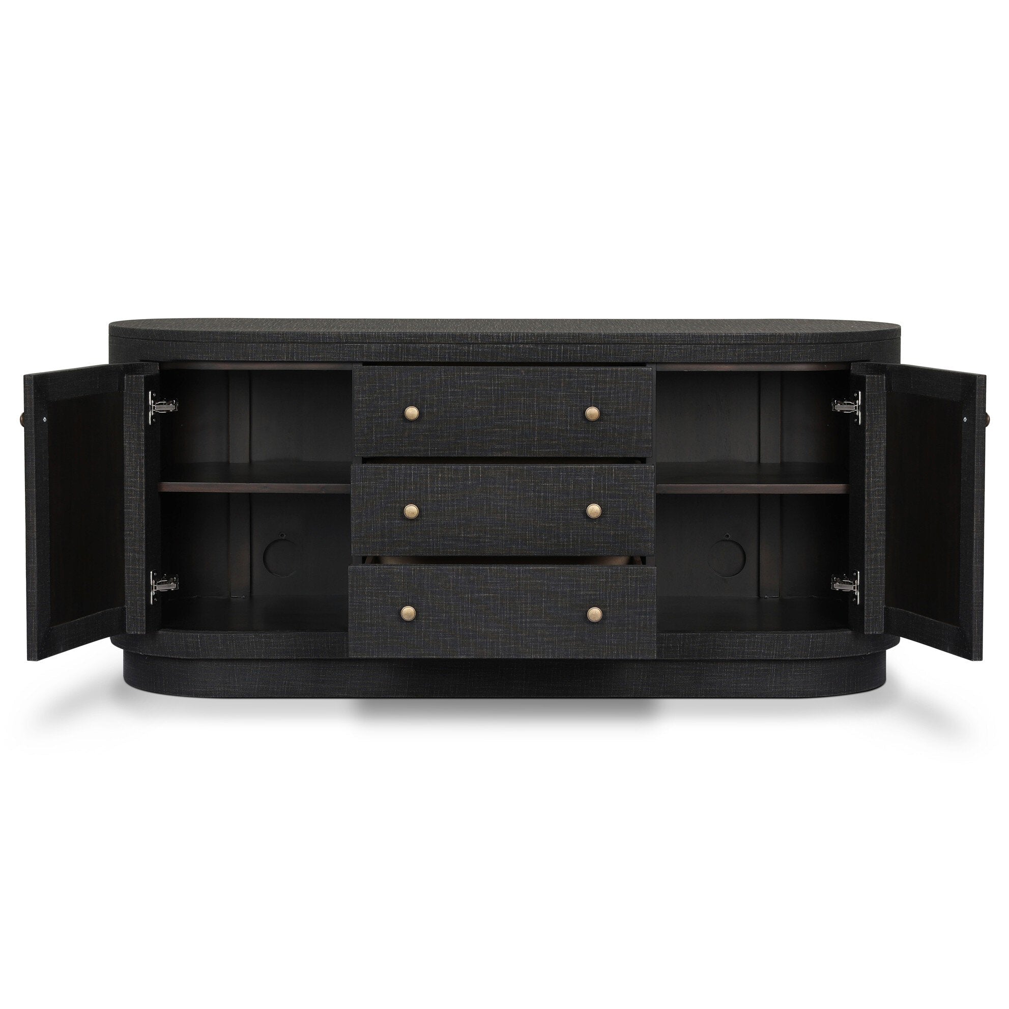 Four Hands Amelia Light Antique Brass Media Console shown with doors open