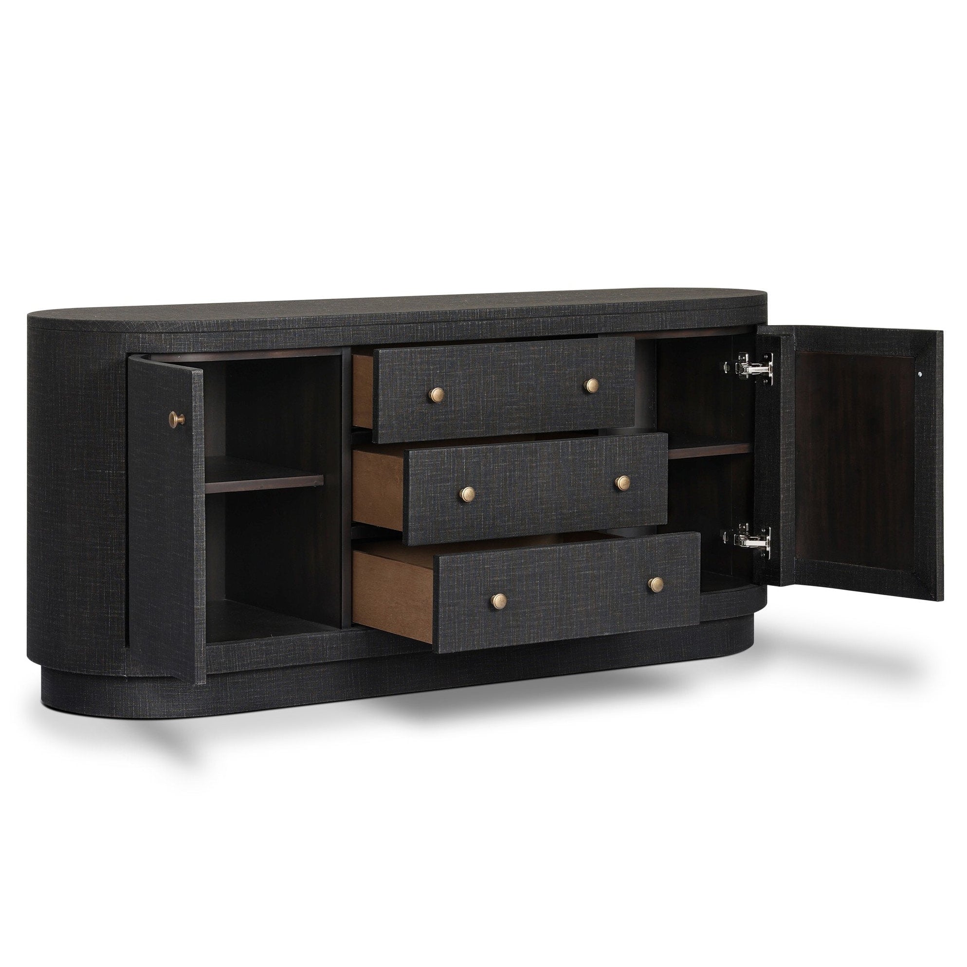 Four Hands Amelia Light Antique Brass Media Console shown with doors open 2