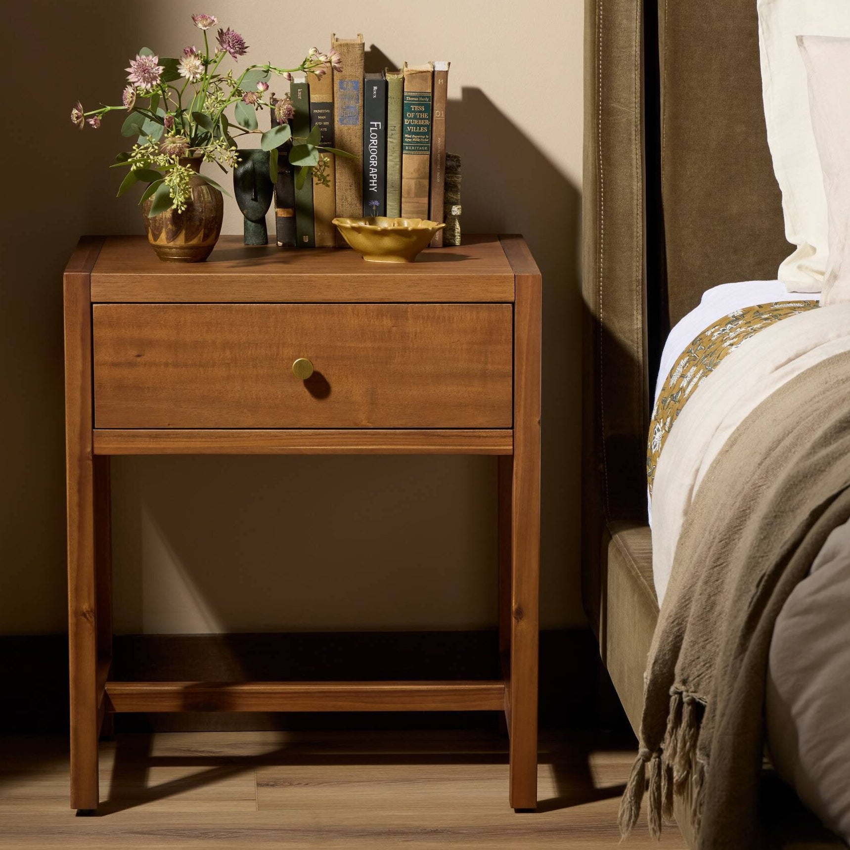 Four Hands Sullivan Saddle Tan Small Nightstand - styled room setting