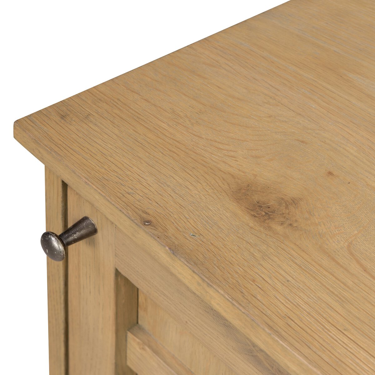 Four Hands Alessio Nightstand right orientation in aged natural oak, close-up detail of grid door, view 1
