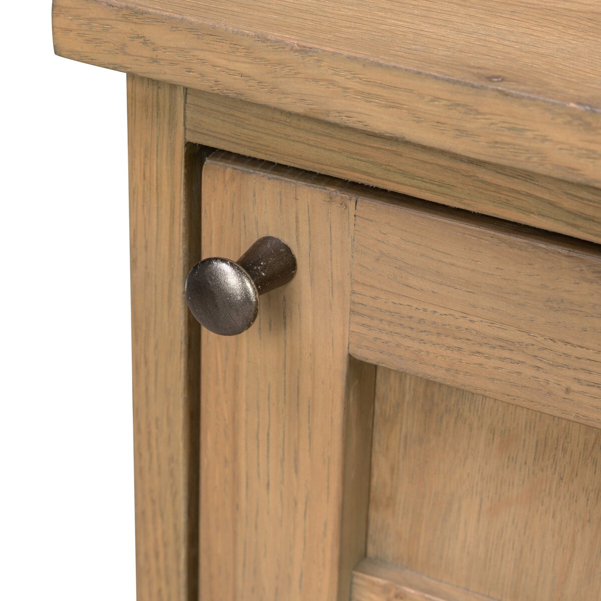 Four Hands Alessio Nightstand right orientation in aged natural oak, close-up detail of grid door, view 3