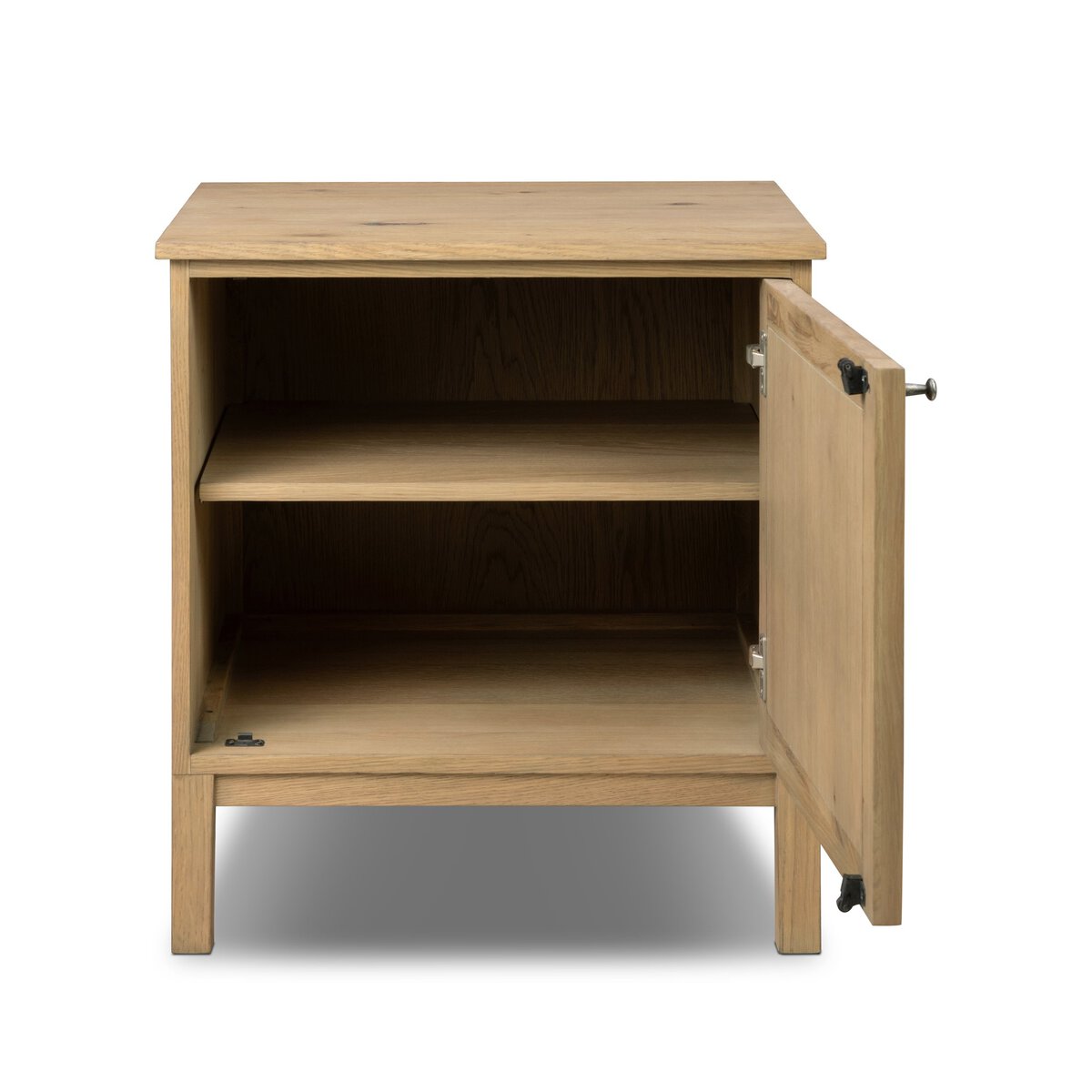 Four Hands Alessio Nightstand right orientation in aged natural oak, door open view