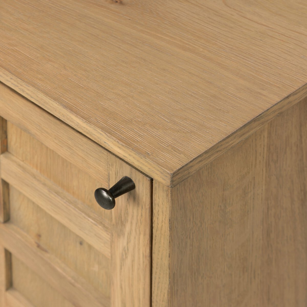 Four Hands Alessio Nightstand left orientation in aged natural oak, close-up detail of grid door, view 3
