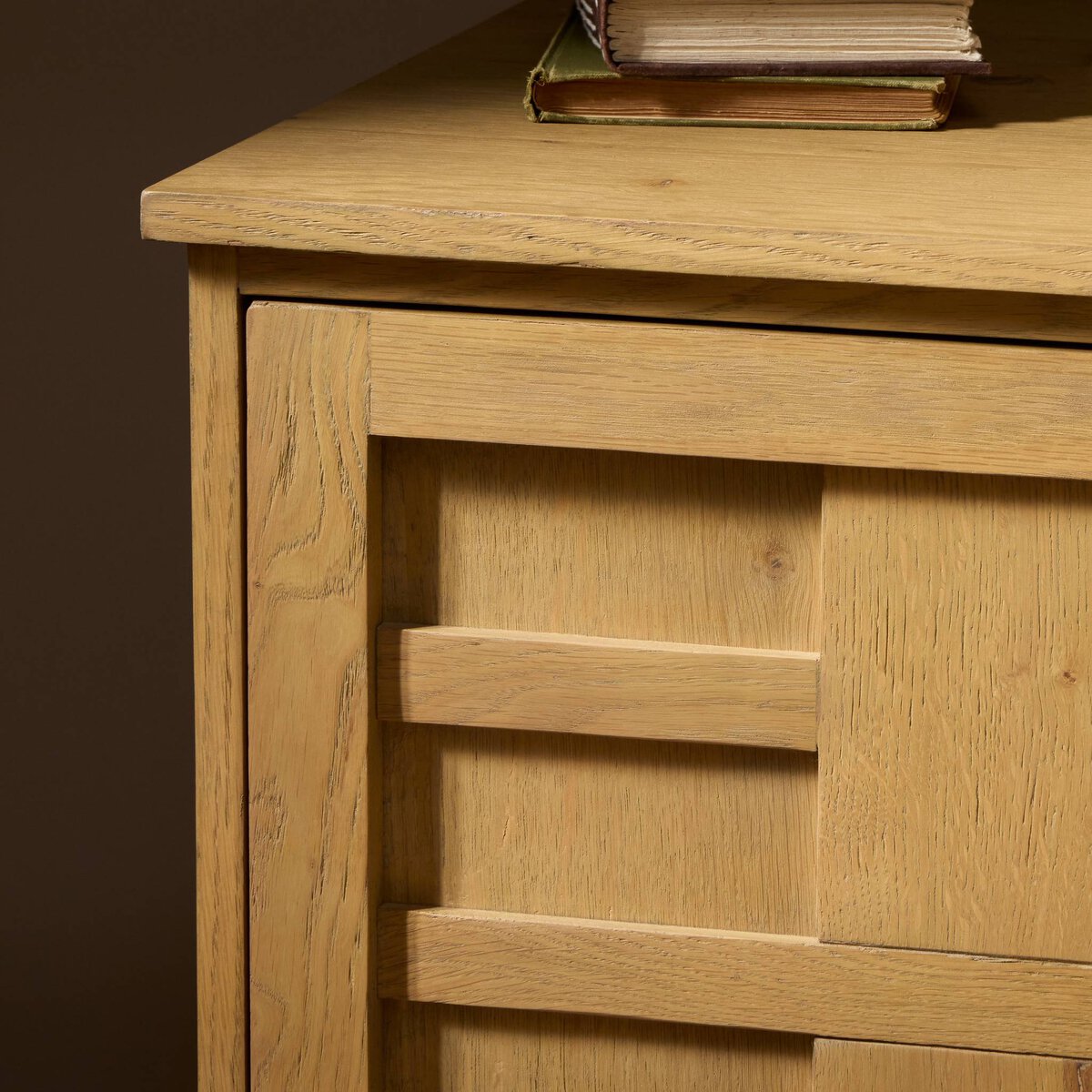 Four Hands Alessio Nightstand left orientation in aged natural oak, close-up detail of grid door, view 1