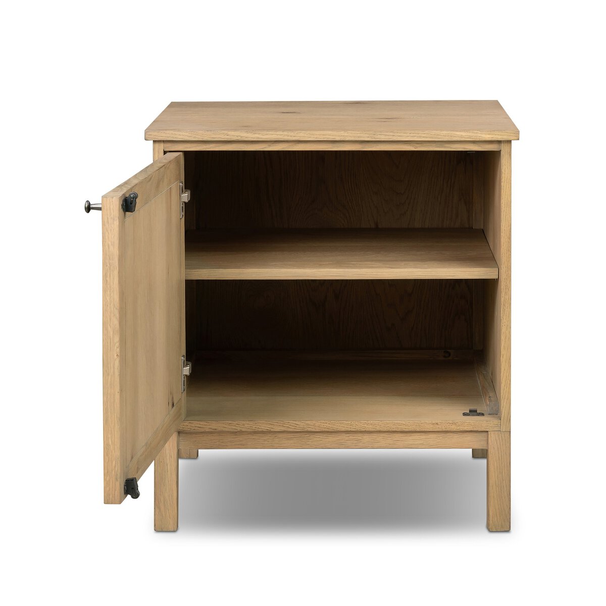 Four Hands Alessio Nightstand left orientation in aged natural oak, door open view