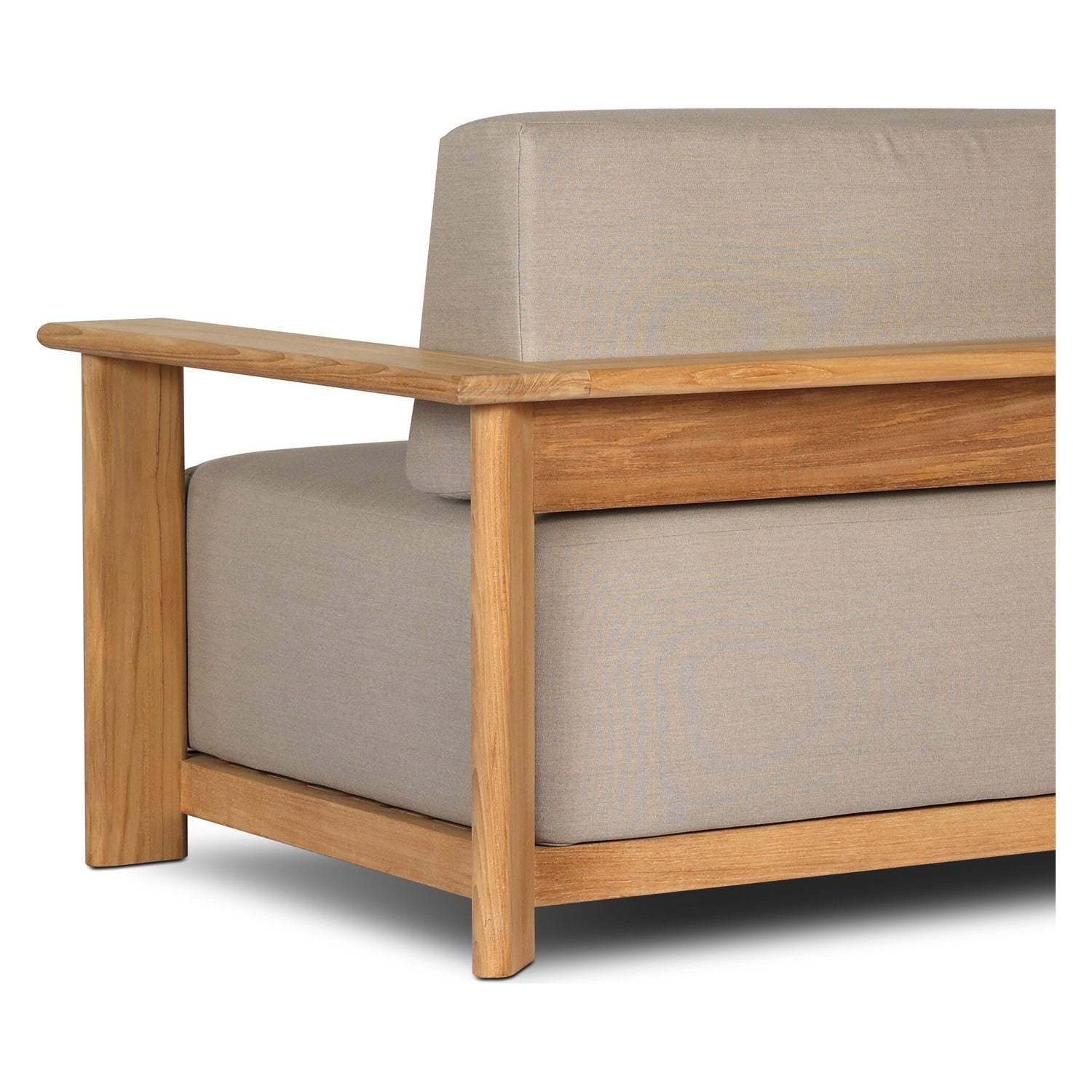 Four Hands Sterling Ibiza Mole Outdoor Chair in golden teak with mocha acrylic cushions, close-up detail of cushion fabric, view 1