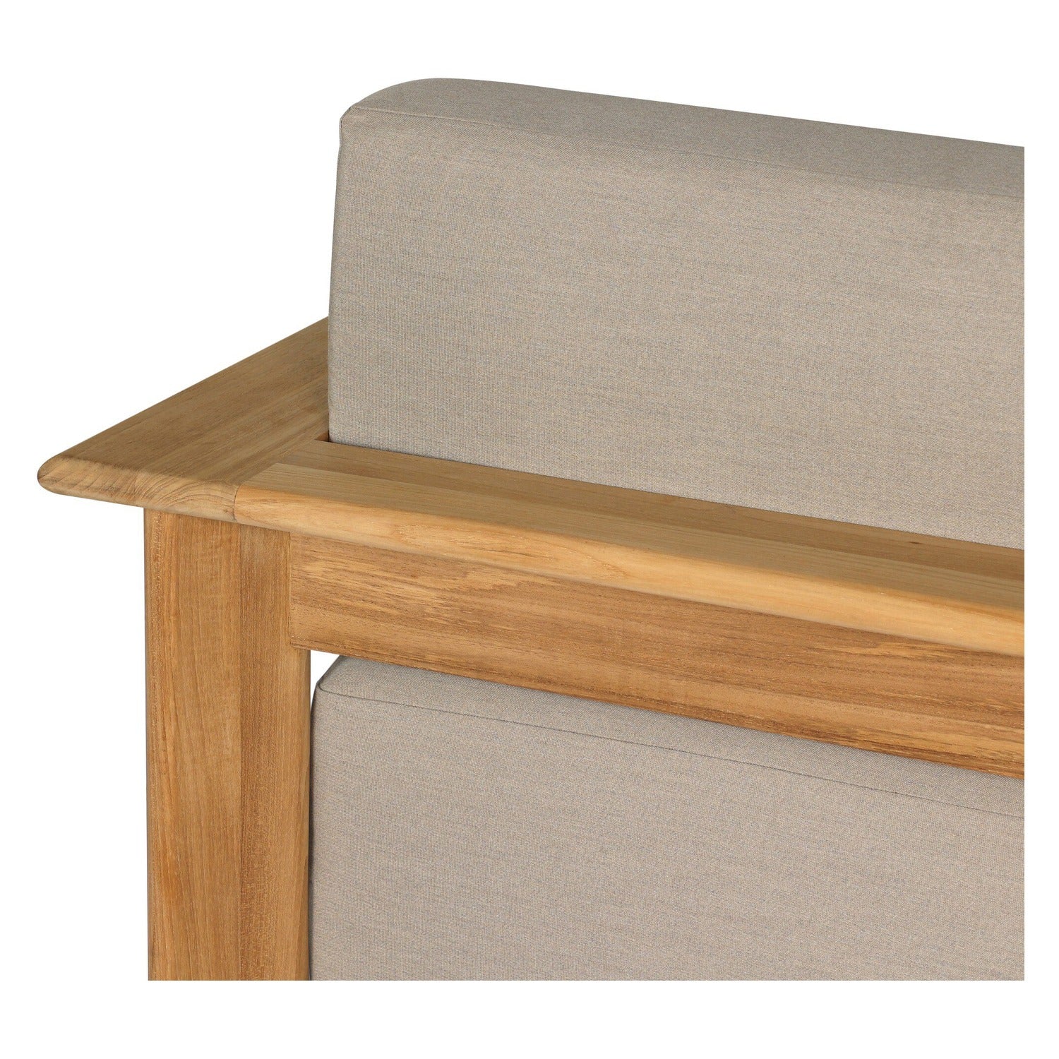 Four Hands Sterling Ibiza Mole Outdoor Chair in golden teak with mocha acrylic cushions, close-up detail of cushion fabric, view 2