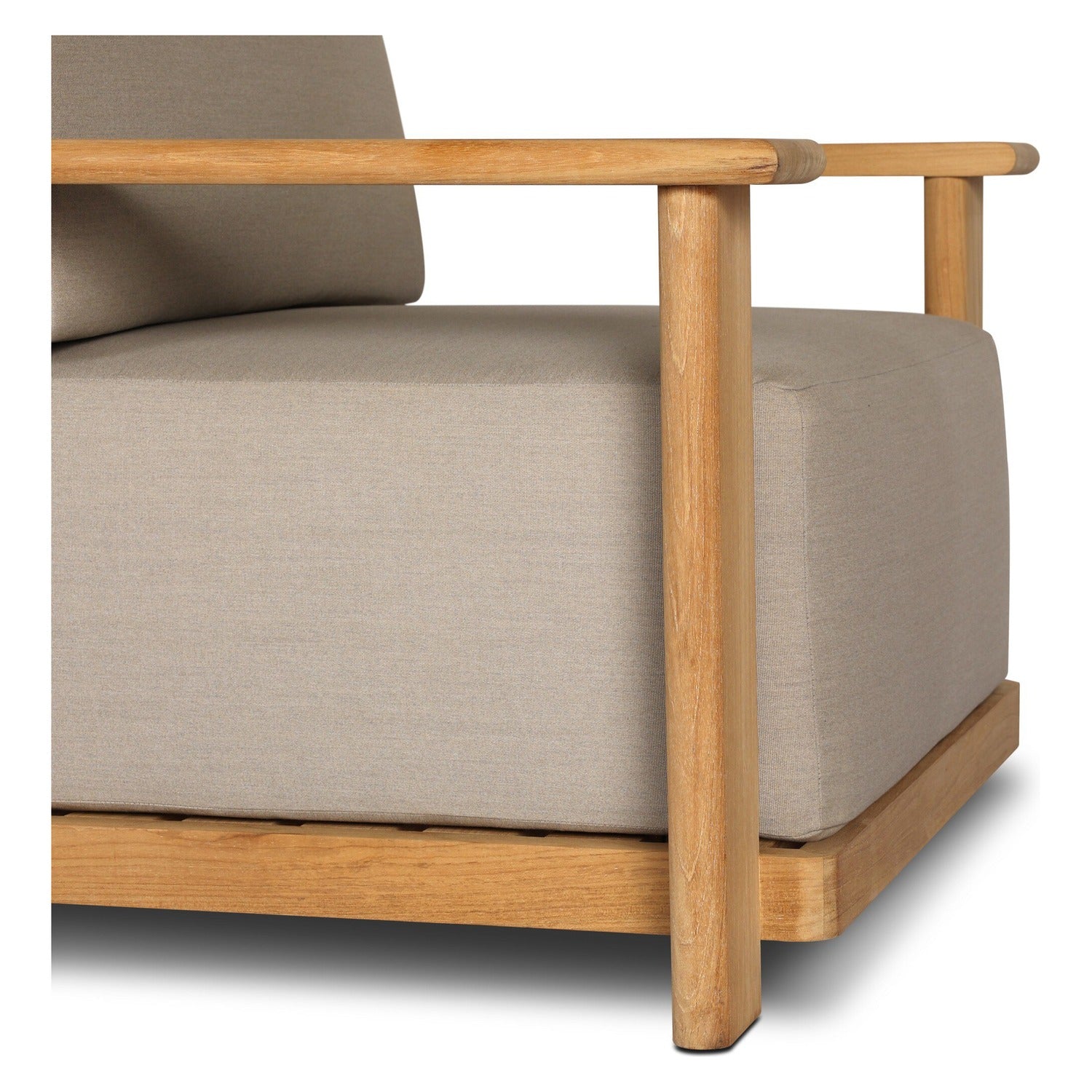 Four Hands Sterling Ibiza Mole Outdoor Chair in golden teak with mocha acrylic cushions, close-up detail of teak grain, view 2