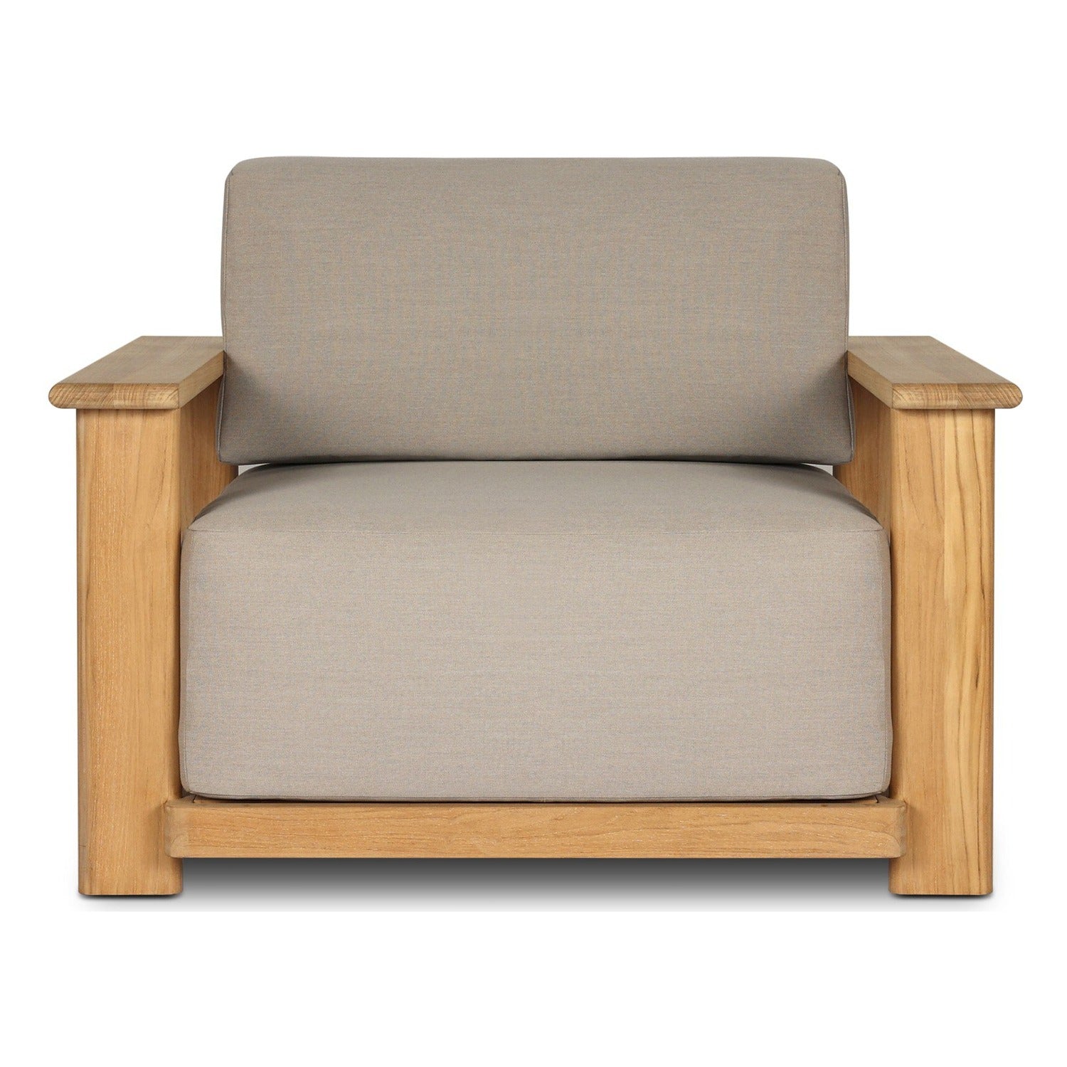 Four Hands Sterling Ibiza Mole Outdoor Chair in golden teak with mocha acrylic cushions, front view