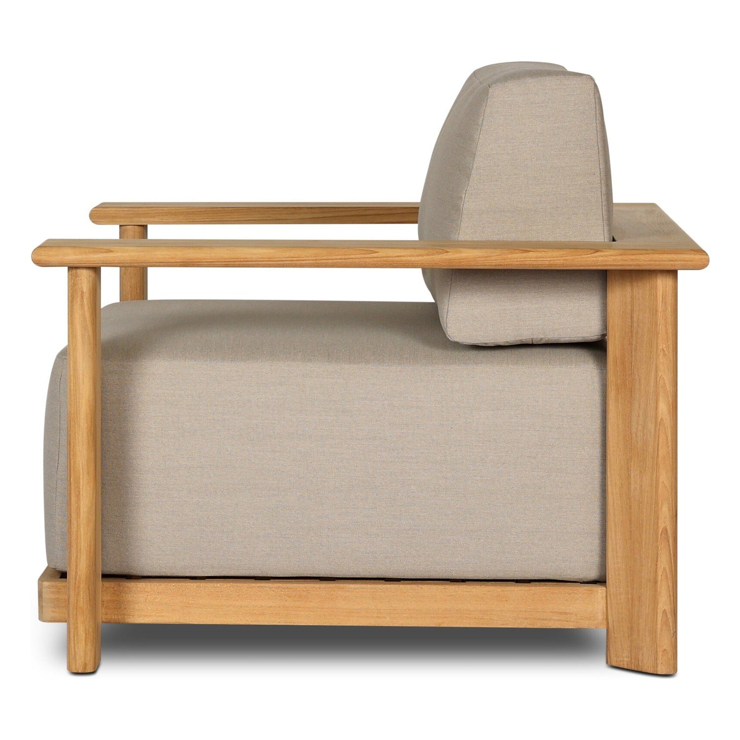 Four Hands Sterling Ibiza Mole Outdoor Chair in golden teak with mocha acrylic cushions, side profile view