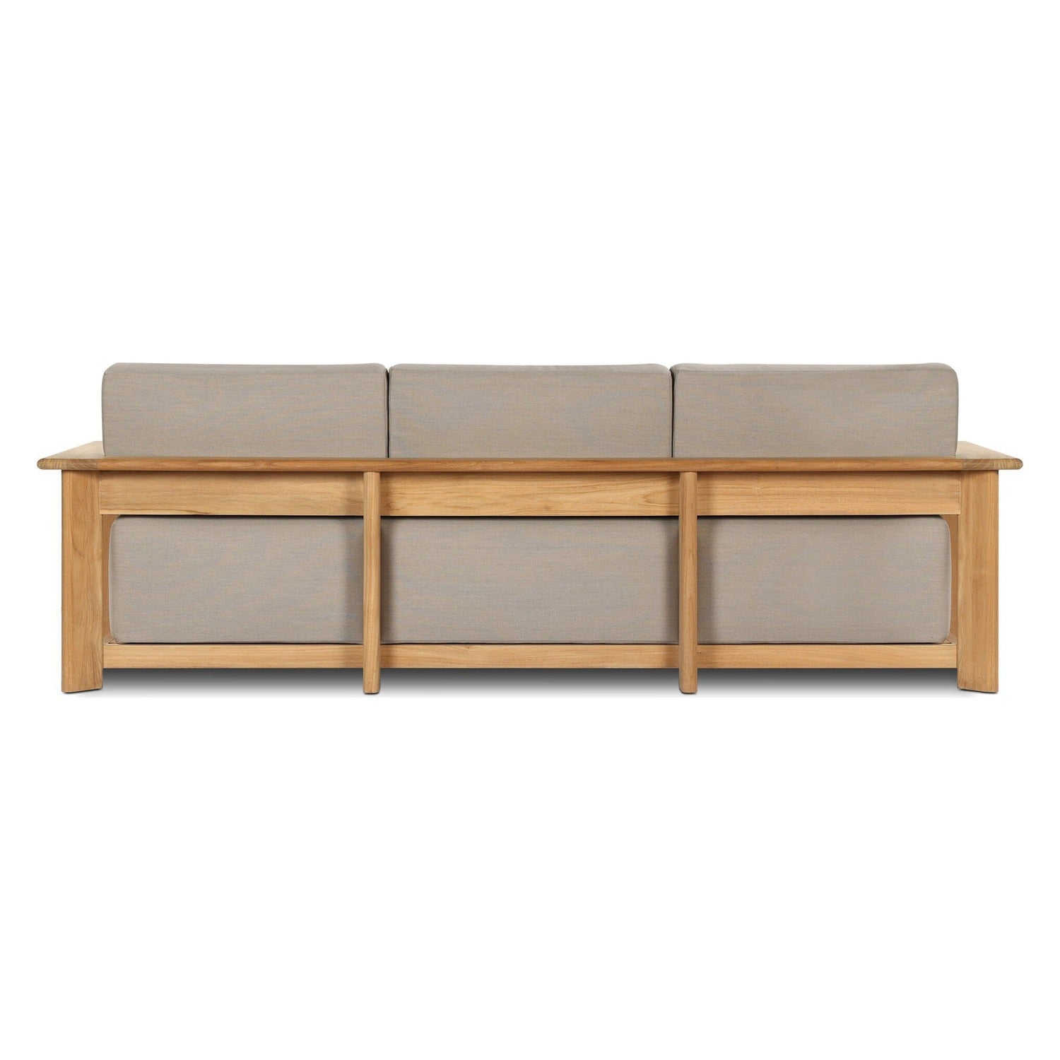 Four Hands Sterling Ibiza Mole 98in Outdoor Sofa in golden teak with mocha acrylic cushions, back view