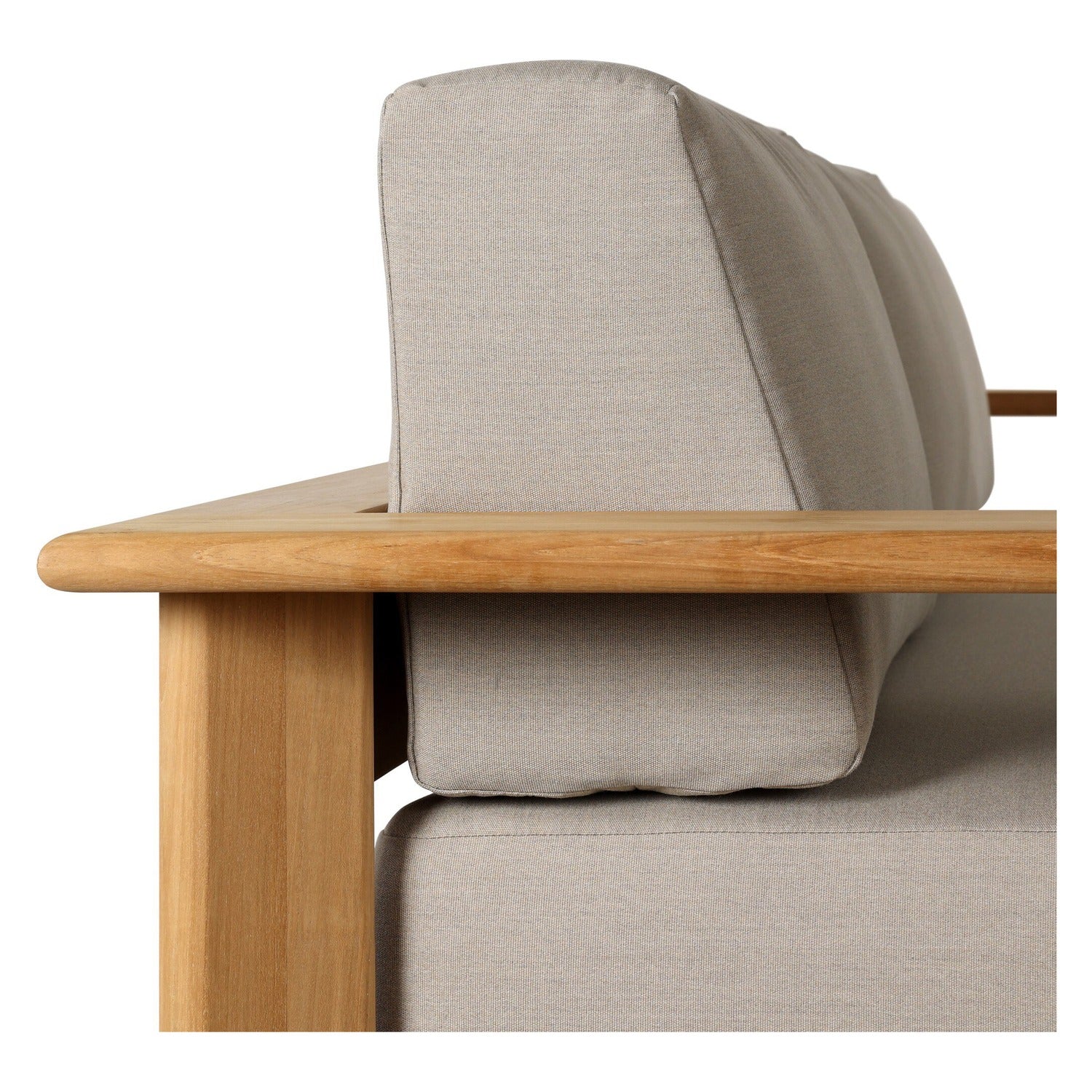 Four Hands Sterling Ibiza Mole 98in Outdoor Sofa in golden teak with mocha acrylic cushions, close-up detail of cushion fabric, view 1