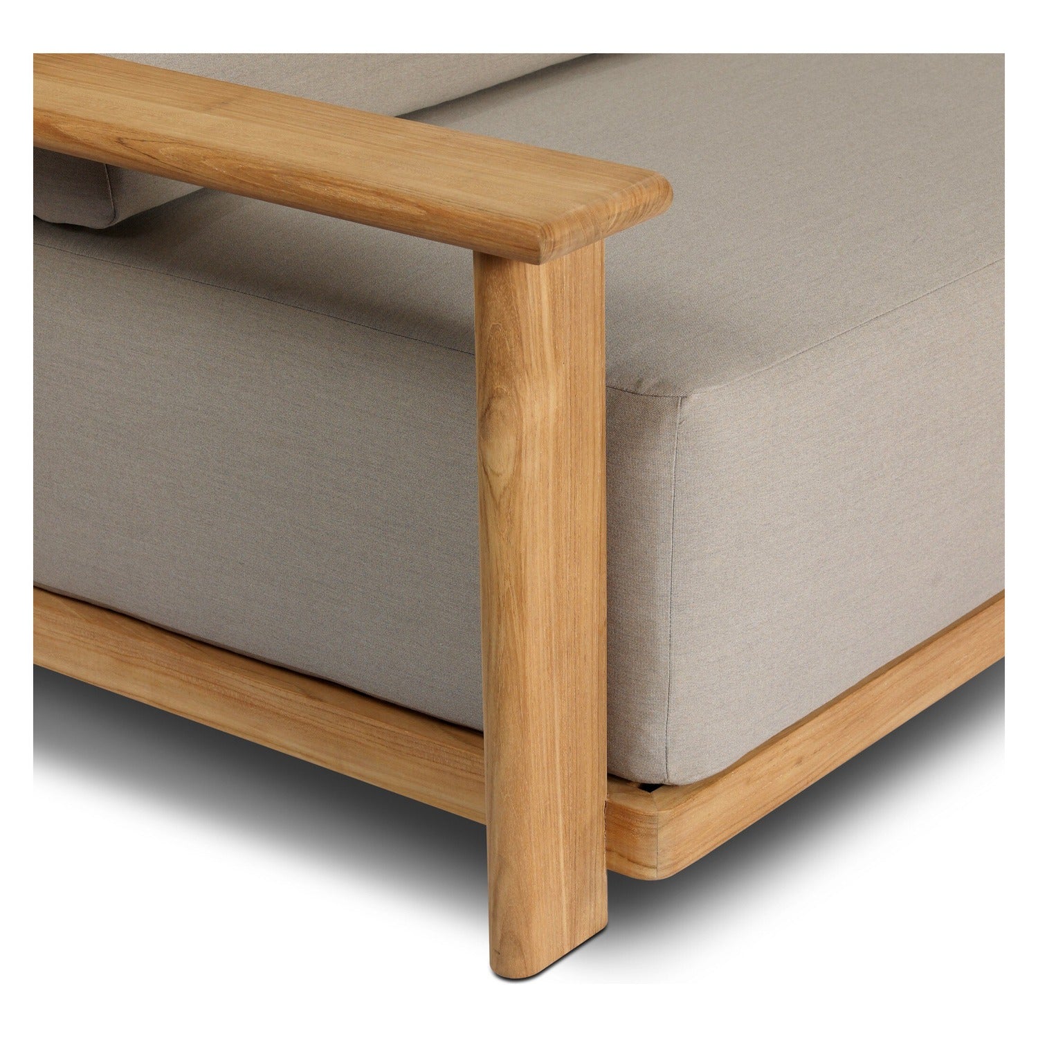 Four Hands Sterling Ibiza Mole 98in Outdoor Sofa in golden teak with mocha acrylic cushions, close-up detail of cushion fabric, view 2
