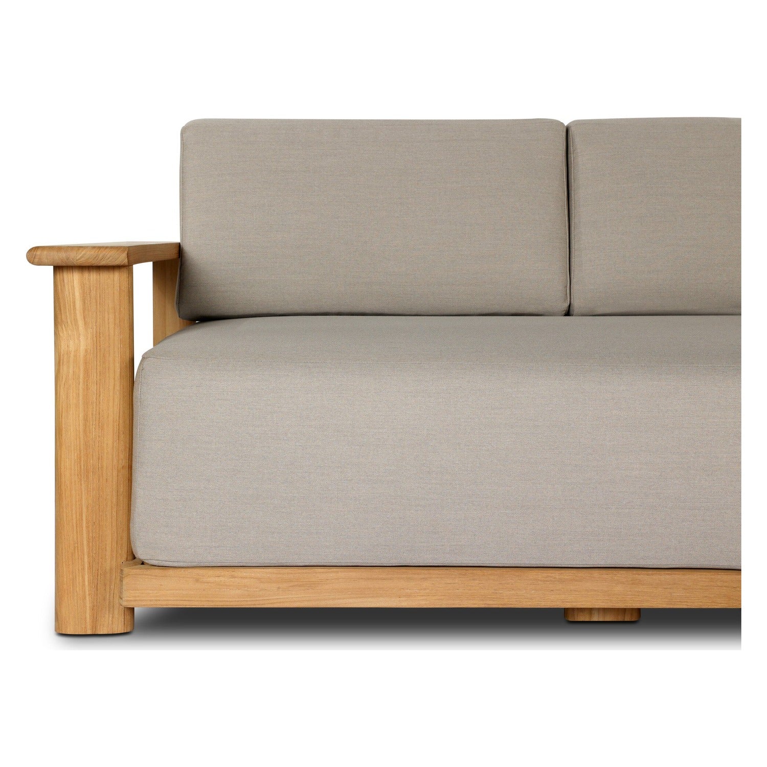 Four Hands Sterling Ibiza Mole 98in Outdoor Sofa in golden teak with mocha acrylic cushions, close-up detail of teak grain, view 1