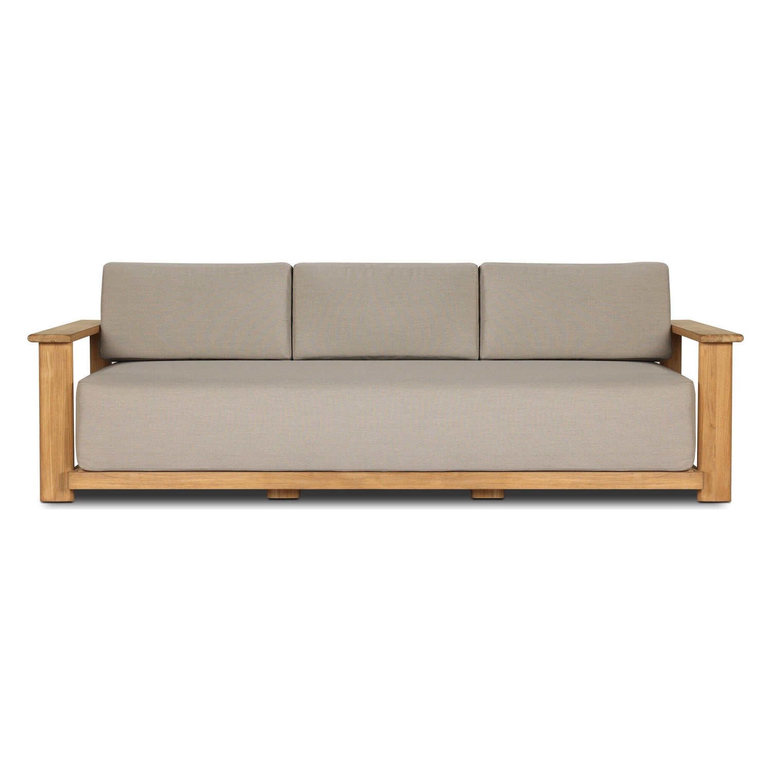 Four Hands Sterling Ibiza Mole 98in Outdoor Sofa in golden teak with mocha acrylic cushions, front view
