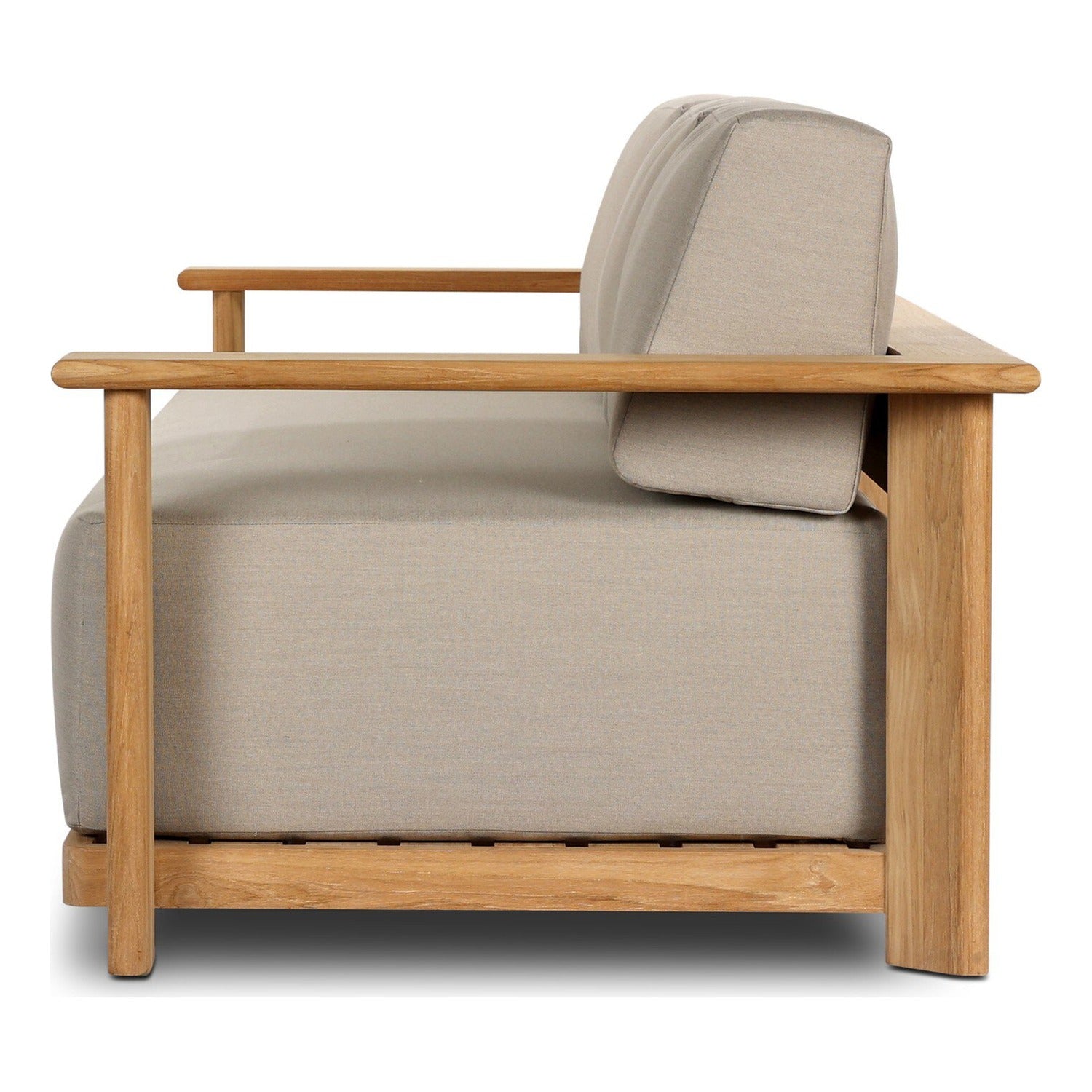 Four Hands Sterling Ibiza Mole 98in Outdoor Sofa in golden teak with mocha acrylic cushions, side profile view