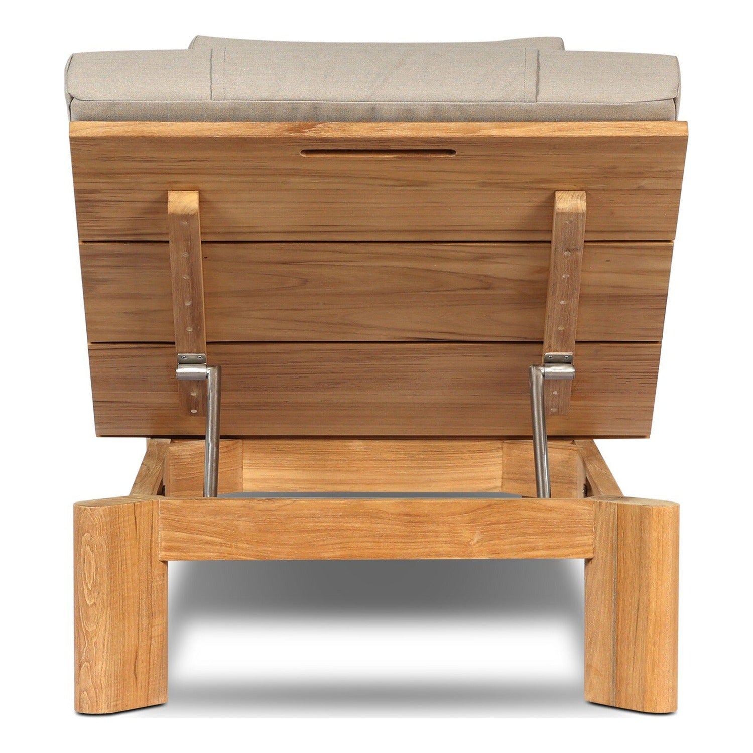 Four Hands Sterling Ibiza Mole Outdoor Chaise in golden teak with mocha acrylic cushion, back view