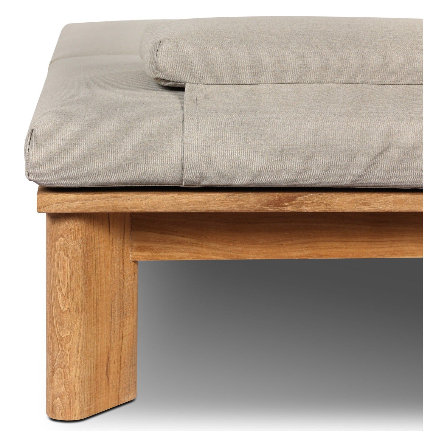 Four Hands Sterling Ibiza Mole Outdoor Chaise in golden teak with mocha acrylic cushion, close-up detail of cushion fabric, view 3