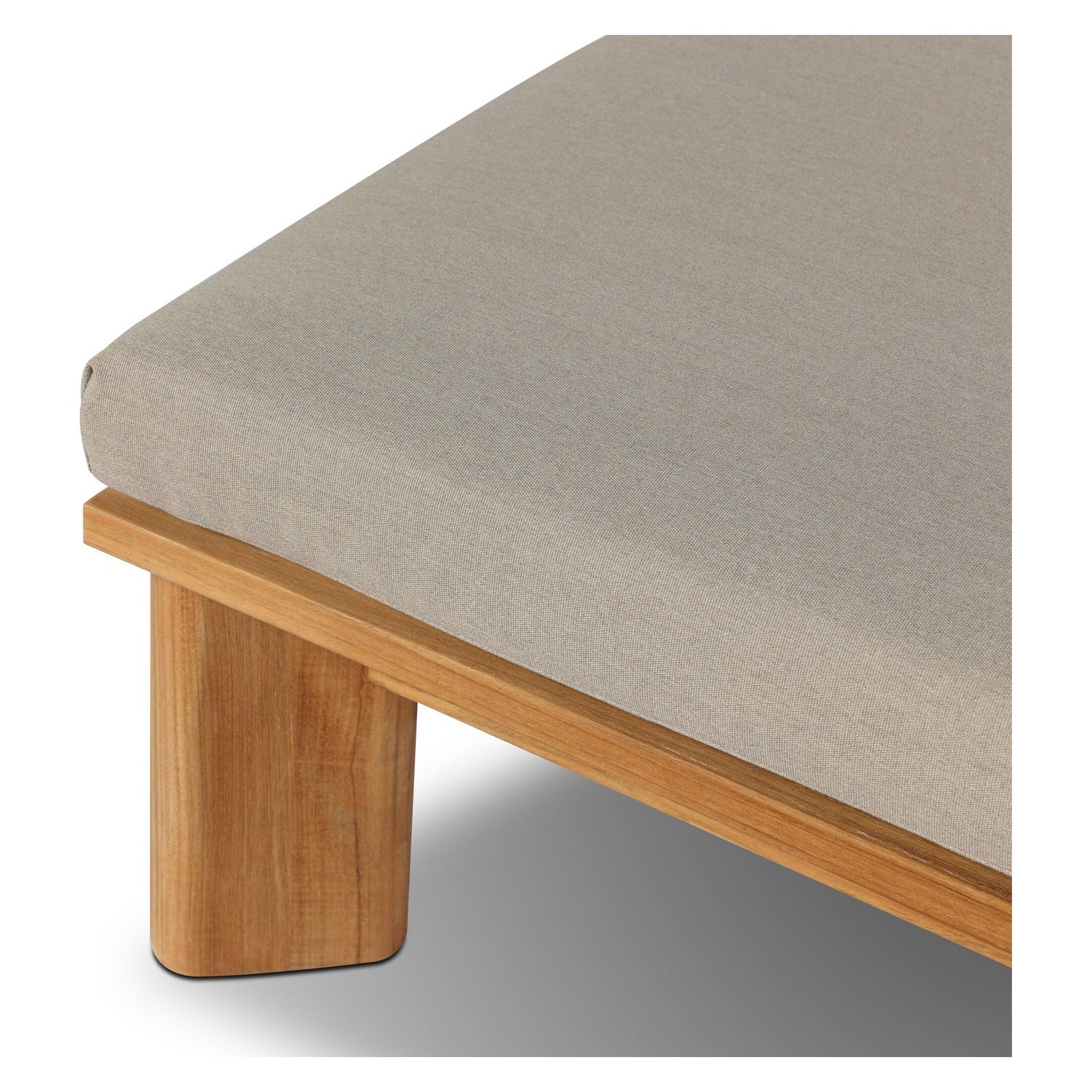 Four Hands Sterling Ibiza Mole Outdoor Chaise in golden teak with mocha acrylic cushion, close-up detail of teak grain, view 2