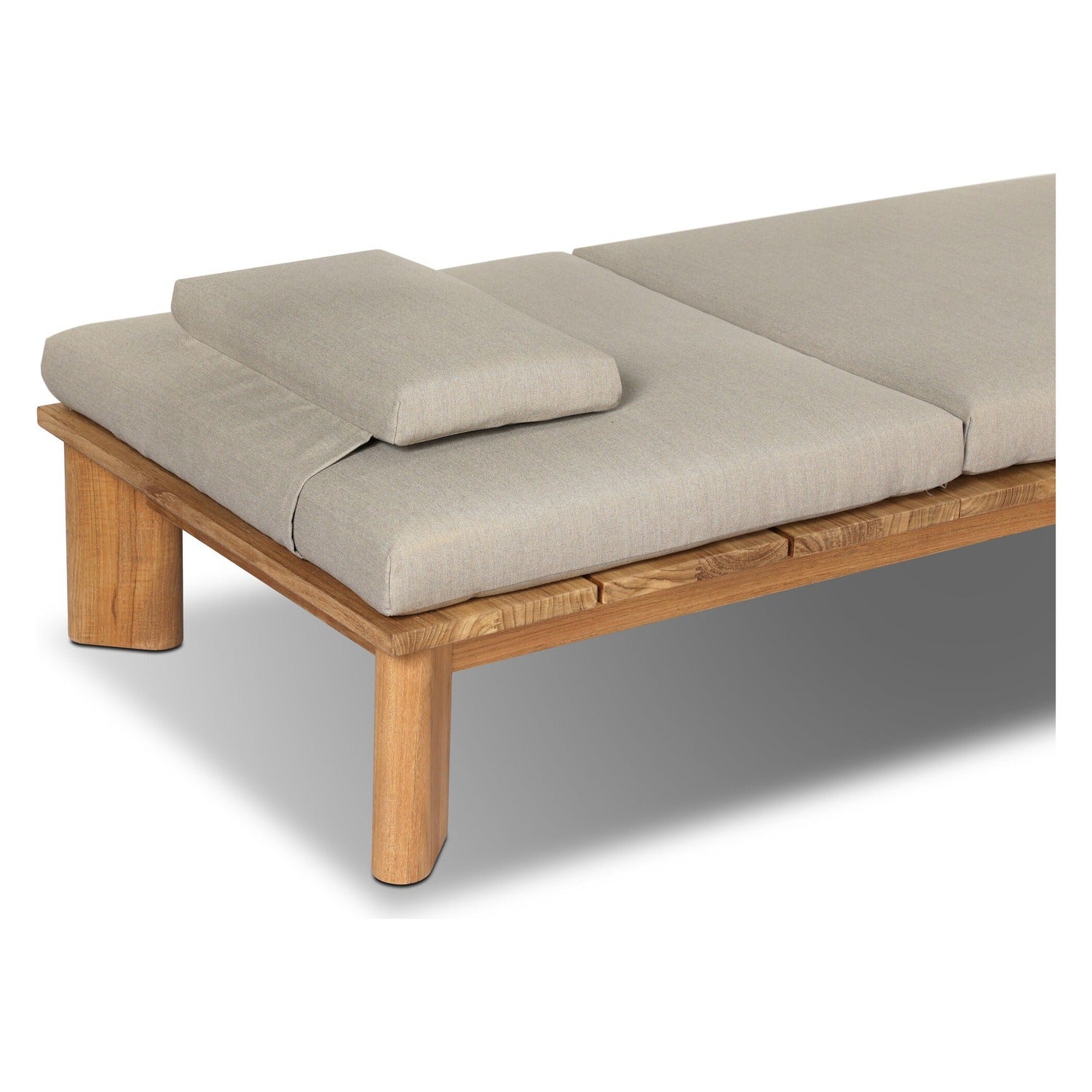 Four Hands Sterling Ibiza Mole Outdoor Chaise in golden teak with mocha acrylic cushion, close-up detail of teak grain, view 1