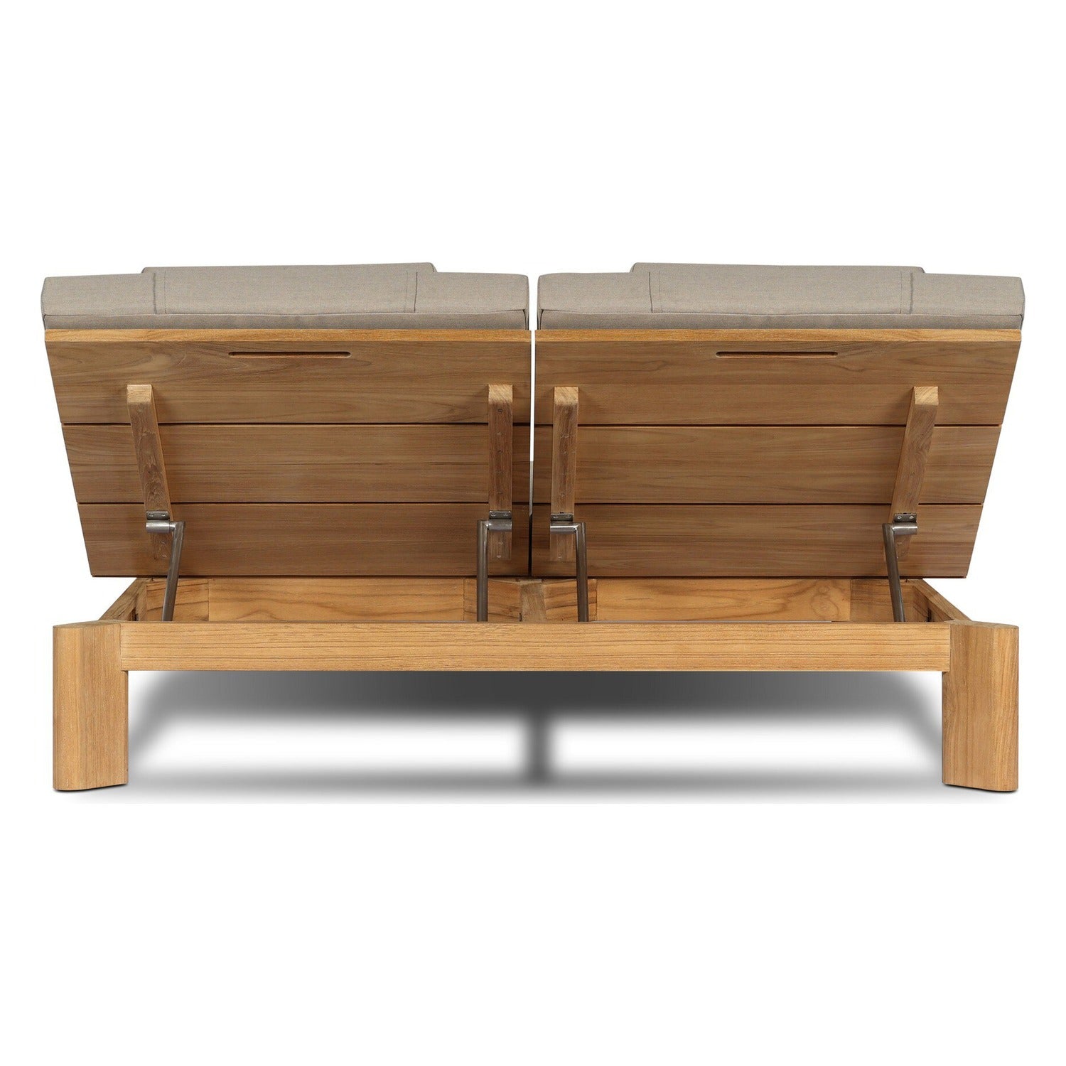 Four Hands Sterling Ibiza Mole Outdoor Double Chaise in golden teak with mocha acrylic cushion, back view
