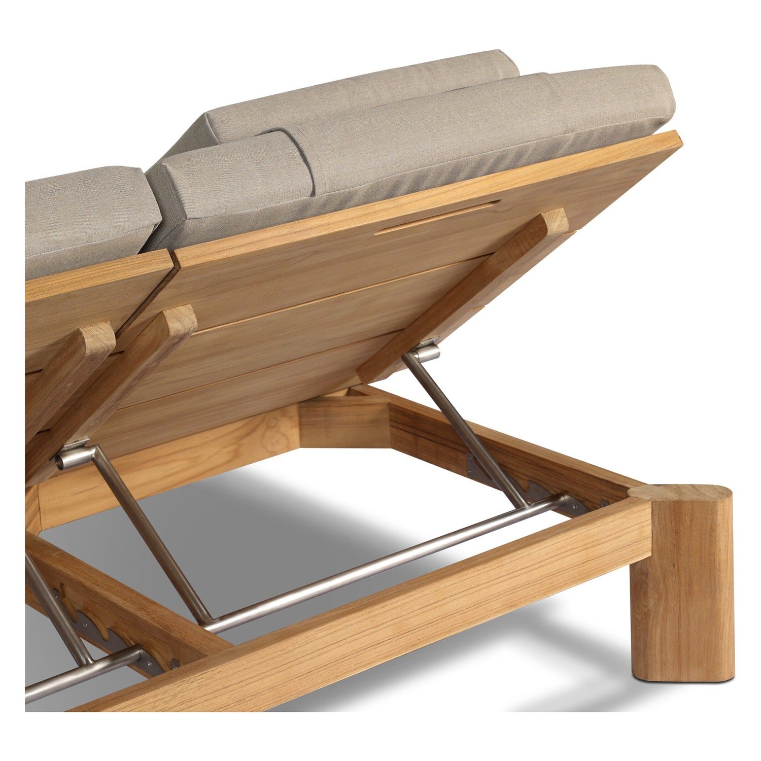 Four Hands Sterling Ibiza Mole Outdoor Double Chaise in golden teak with mocha acrylic cushion, close-up detail of cushion fabric, view 1