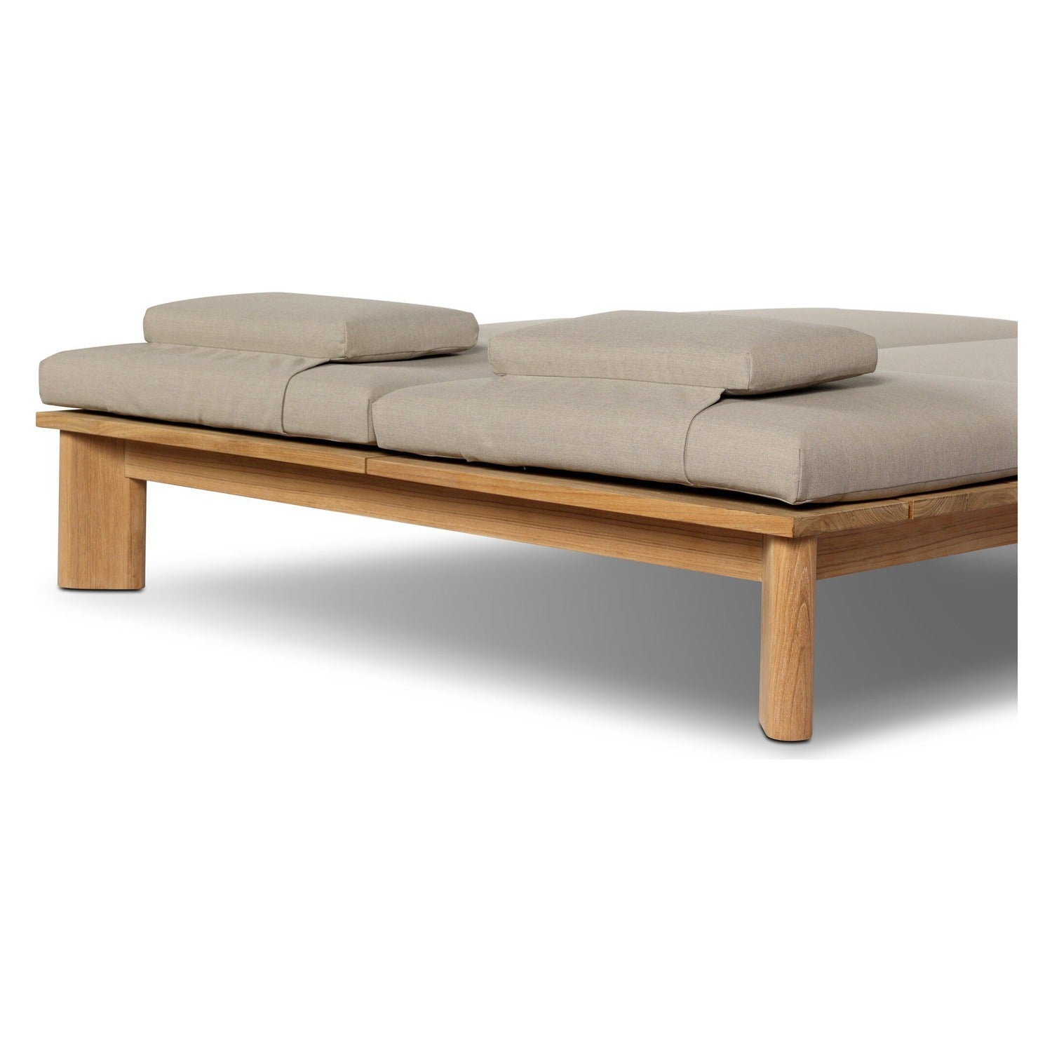 Four Hands Sterling Ibiza Mole Outdoor Double Chaise in golden teak with mocha acrylic cushion, close-up detail of teak grain, view 1