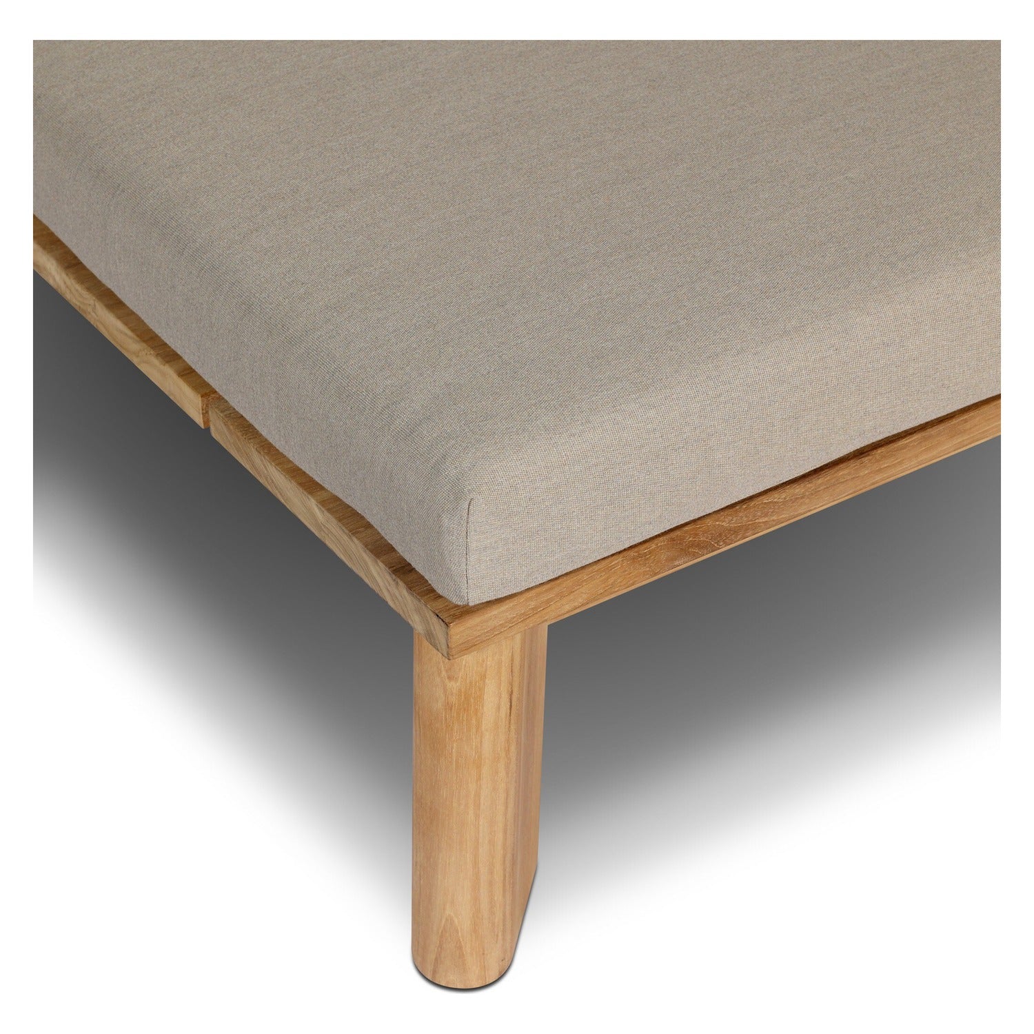 Four Hands Sterling Ibiza Mole Outdoor Double Chaise in golden teak with mocha acrylic cushion, close-up detail of teak grain, view 2