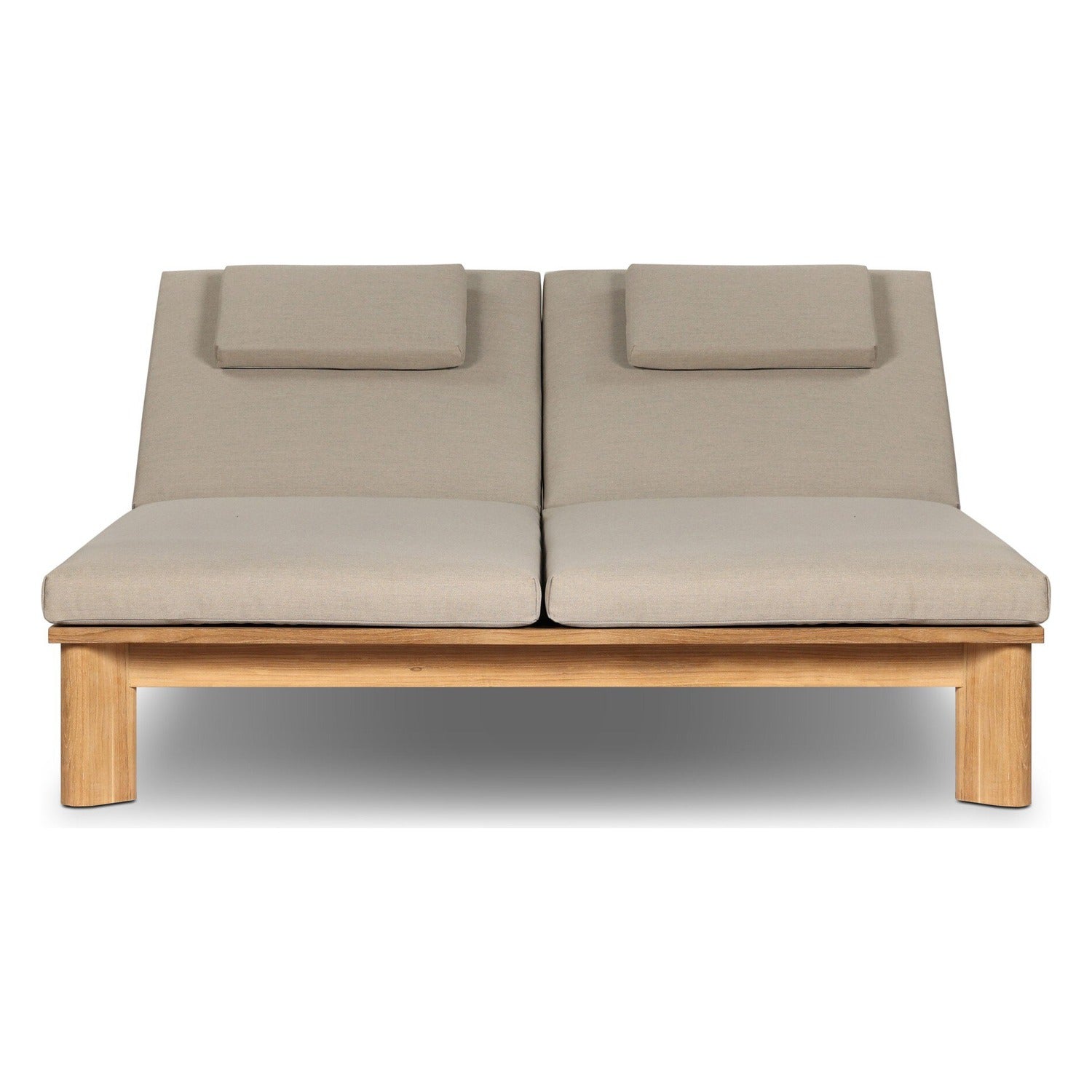 Four Hands Sterling Ibiza Mole Outdoor Double Chaise in golden teak with mocha acrylic cushion, front view