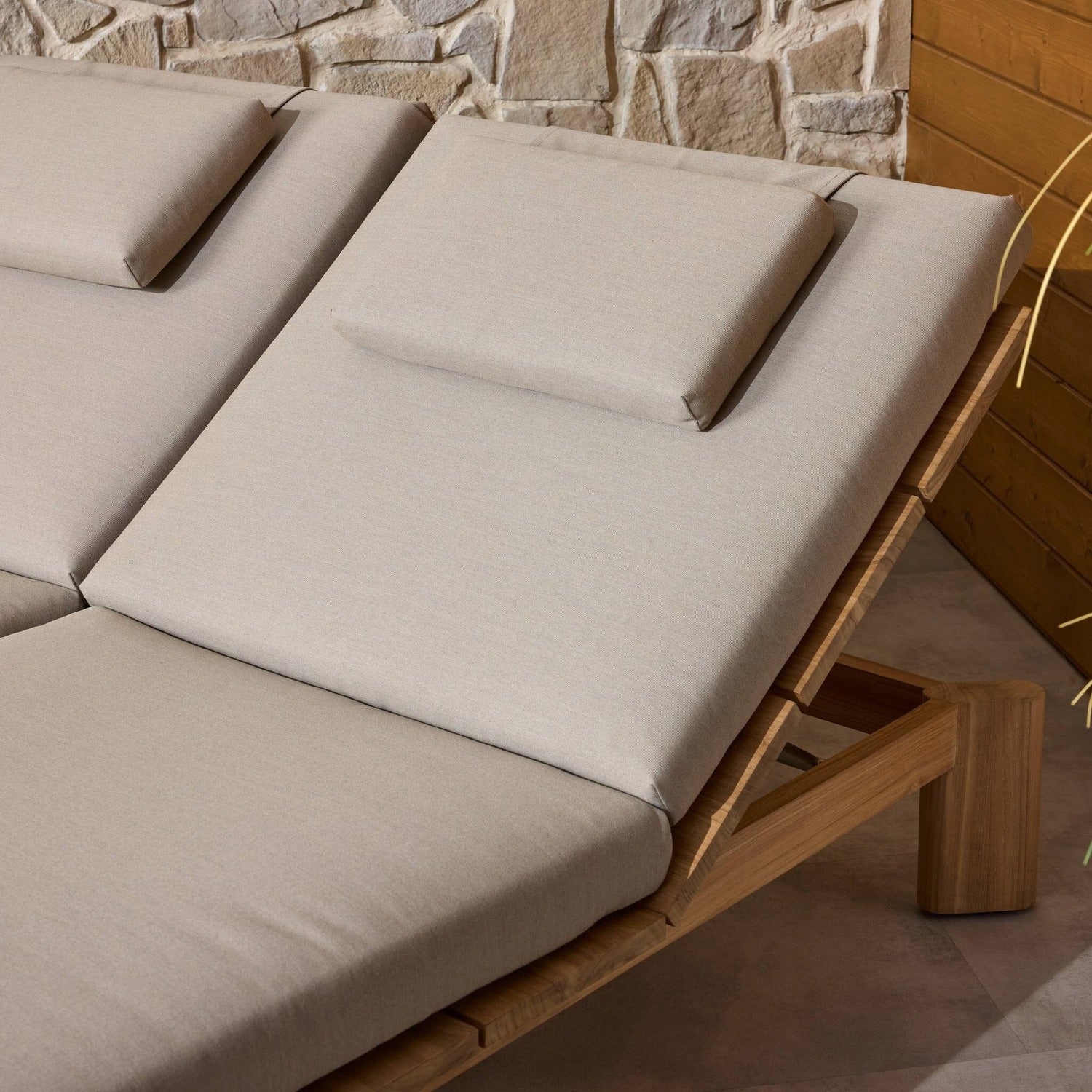 Four Hands Sterling Ibiza Mole Outdoor Double Chaise in golden teak with mocha acrylic cushion, alternate styled view, view 1