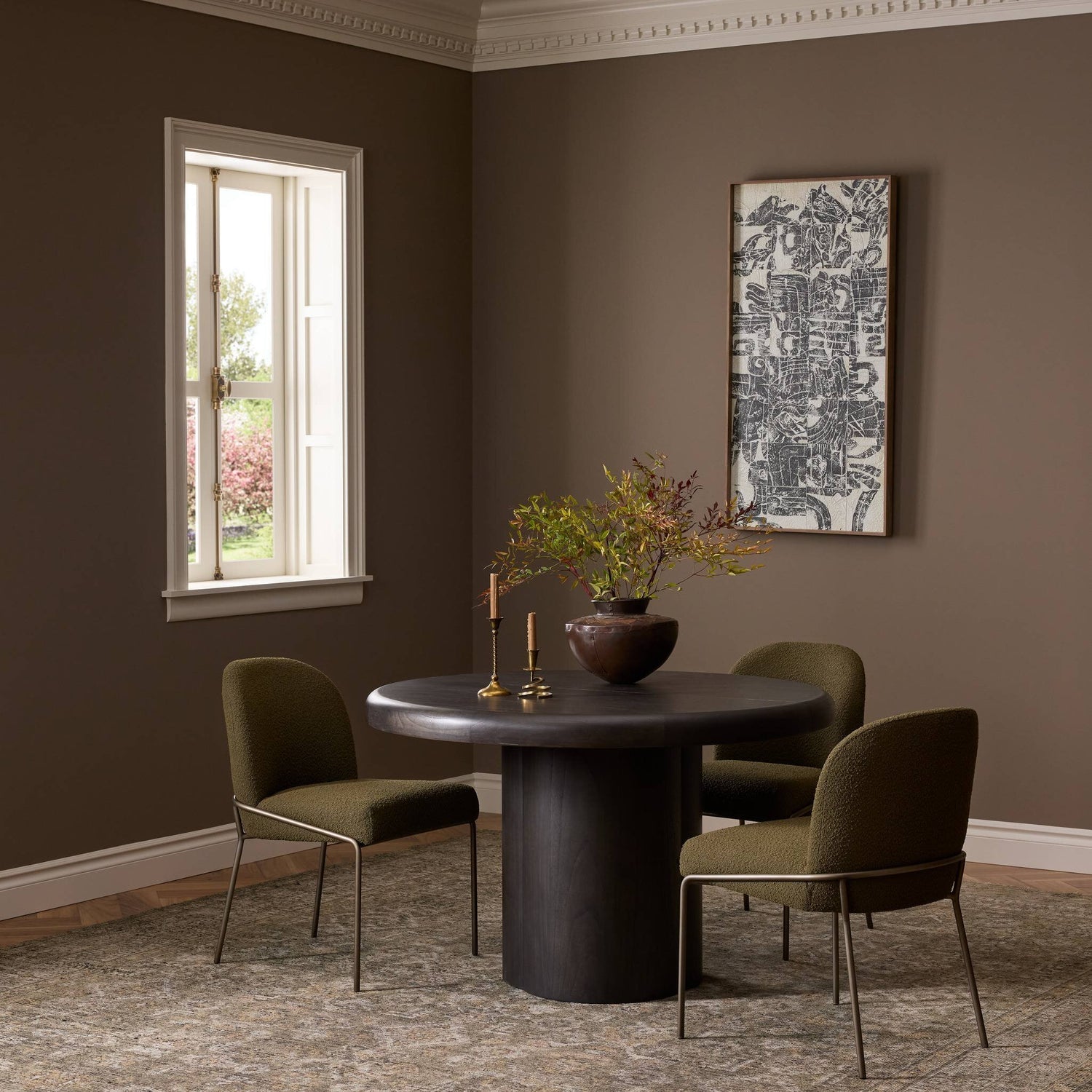 Four Hands Pemble Smoked Black Mindi Extension Dining Table - styled room setting