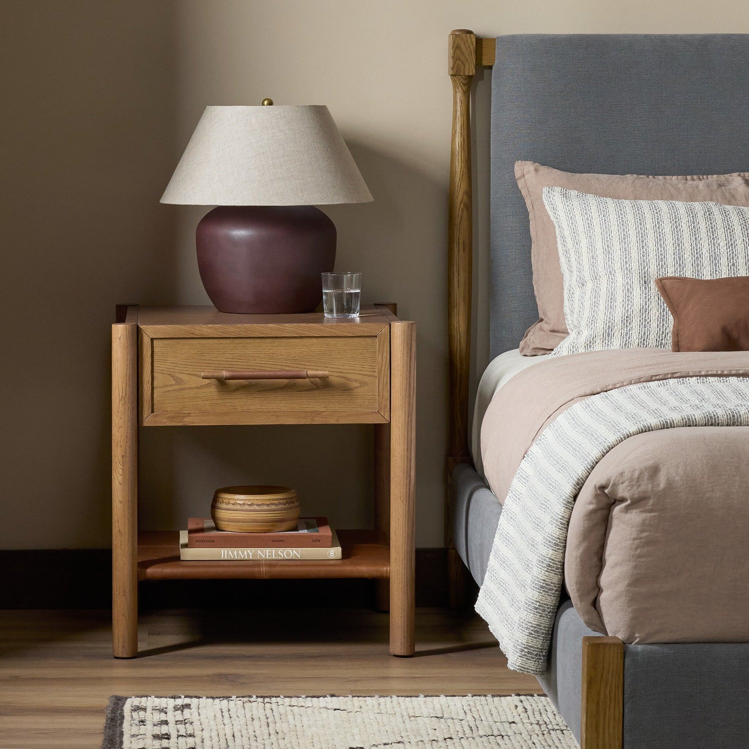 Four Hands Salado Natural Ash 1 Drawer Nightstand - styled room setting